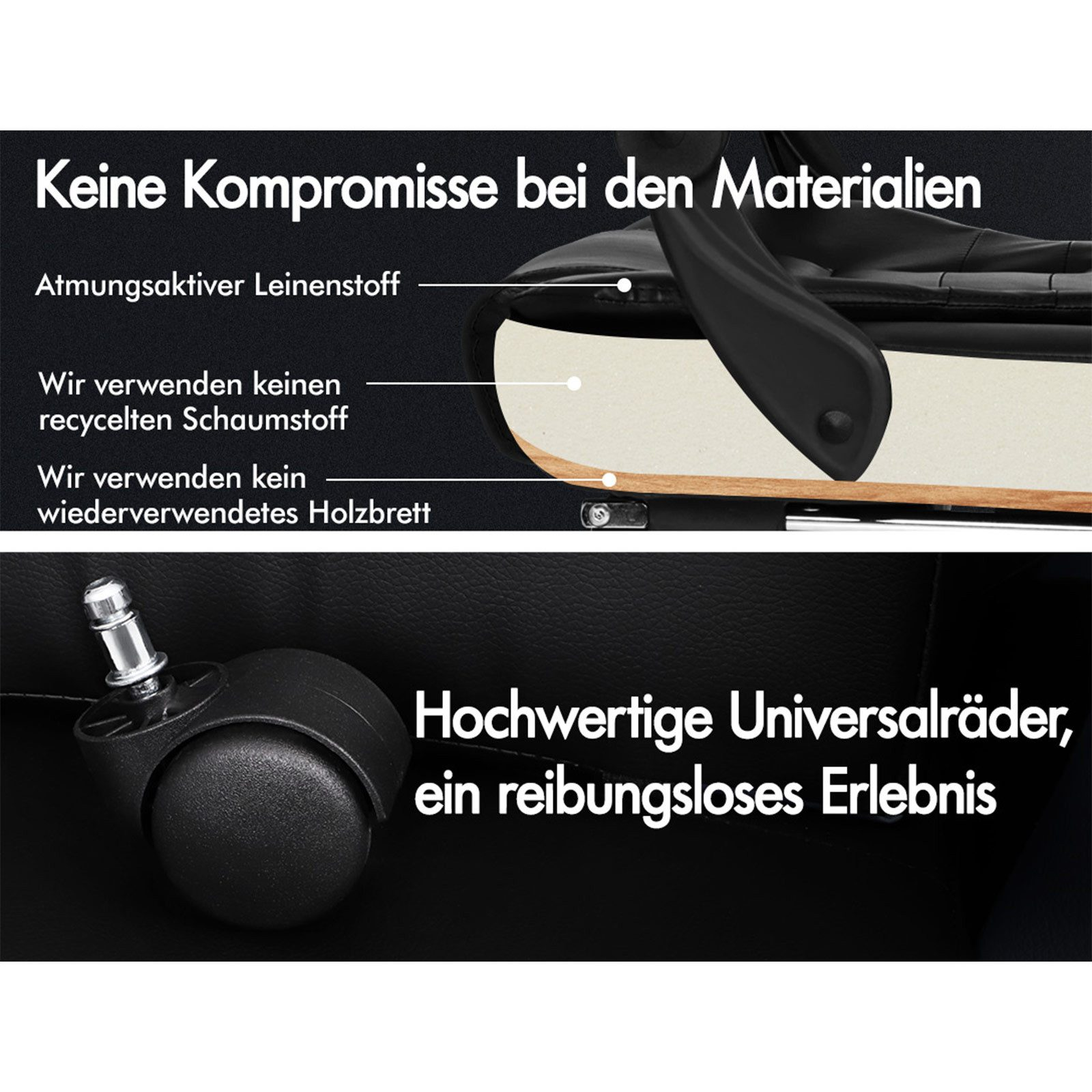 Das Bild zeigt Stuhlmaterialien: atmungsaktives Leinen, kein recycelter Schaumstoff und hochwertige Rollen für ein reibungsloses Erlebnis.