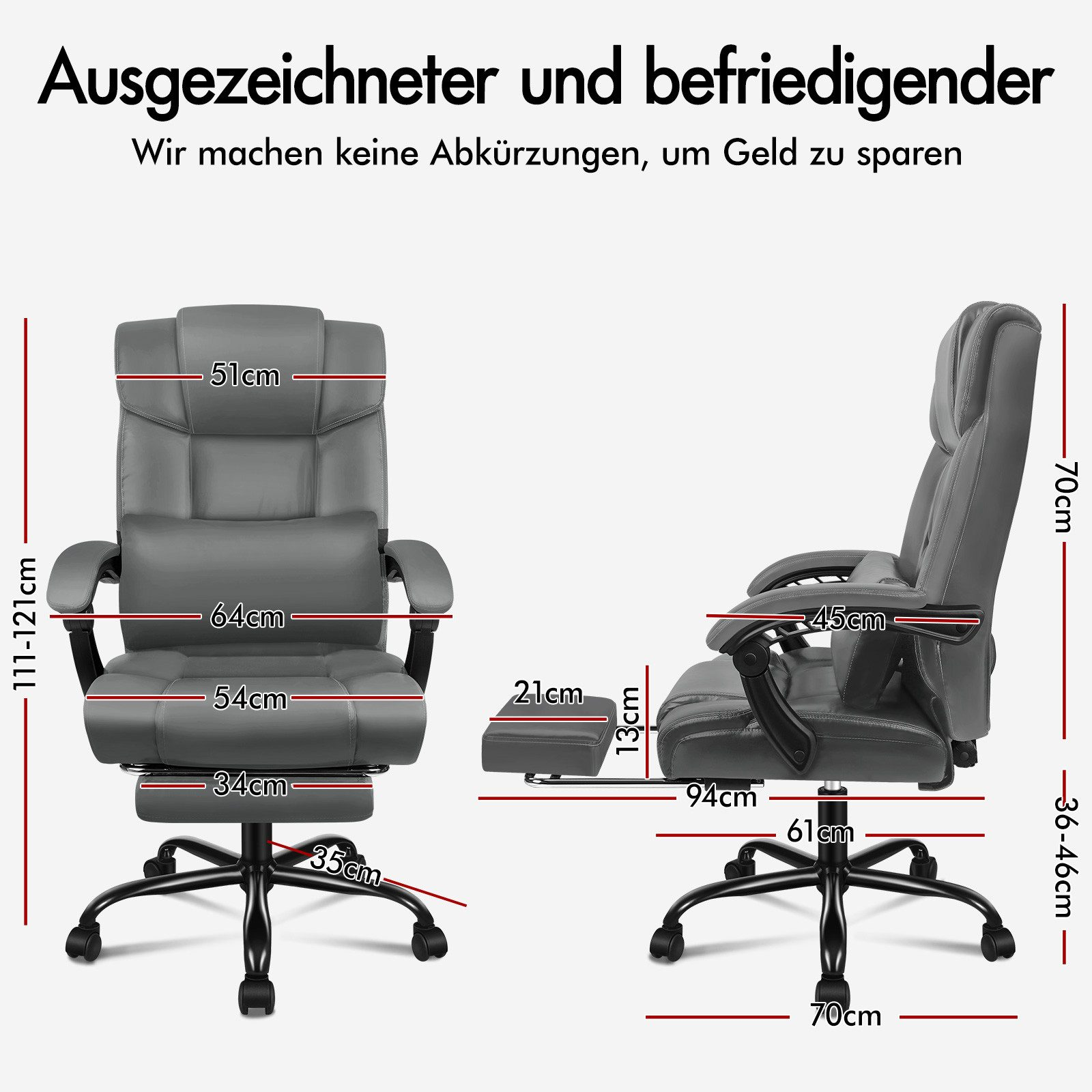 Ein grauer Bürostuhl mit Maßangaben. Der Text oben lautet 'Ausgezeichnet und befriedigend'.