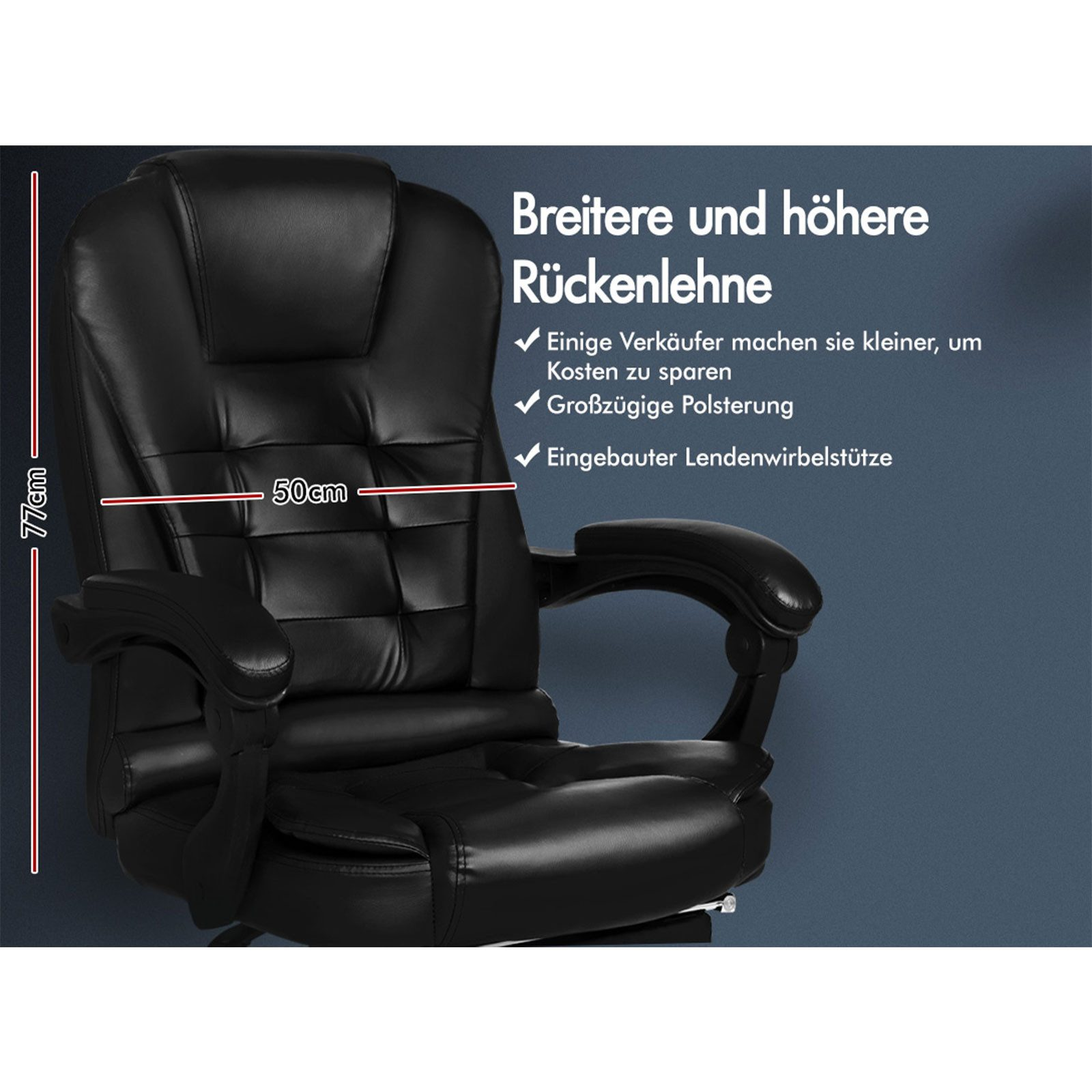 Schwarzer Bürostuhl mit Kopfstütze, Armlehnen und Rückenlehne vor grau-blauem Hintergrund. Abmessungen sind angegeben.