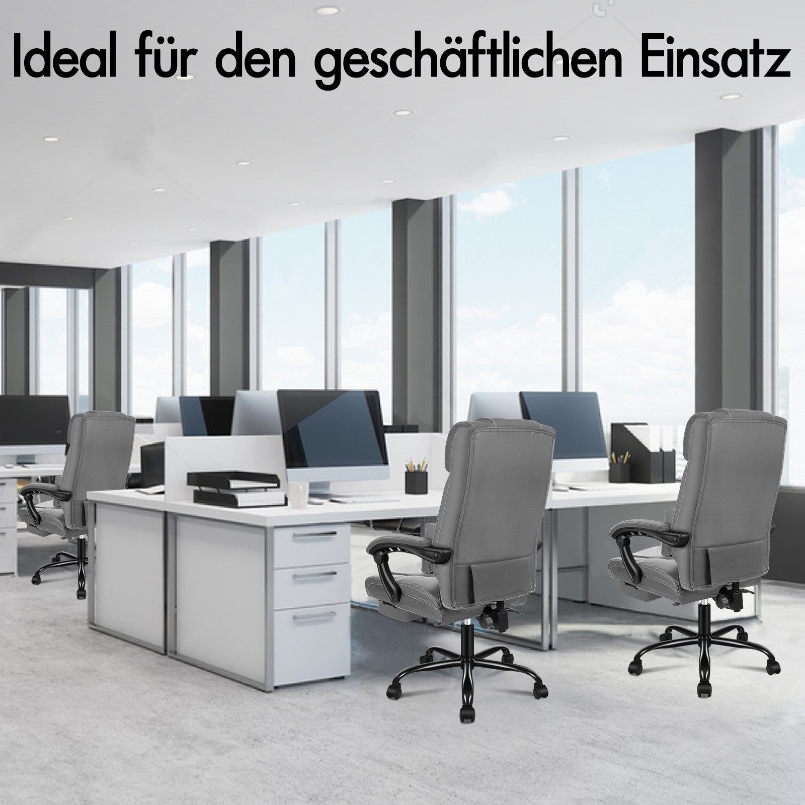 Ein Büro mit Schreibtischen, Computern und grauen Stühlen. Große Fenster zeigen blauen Himmel. Oben steht 'Ideal für den geschäftlichen Einsatz'.