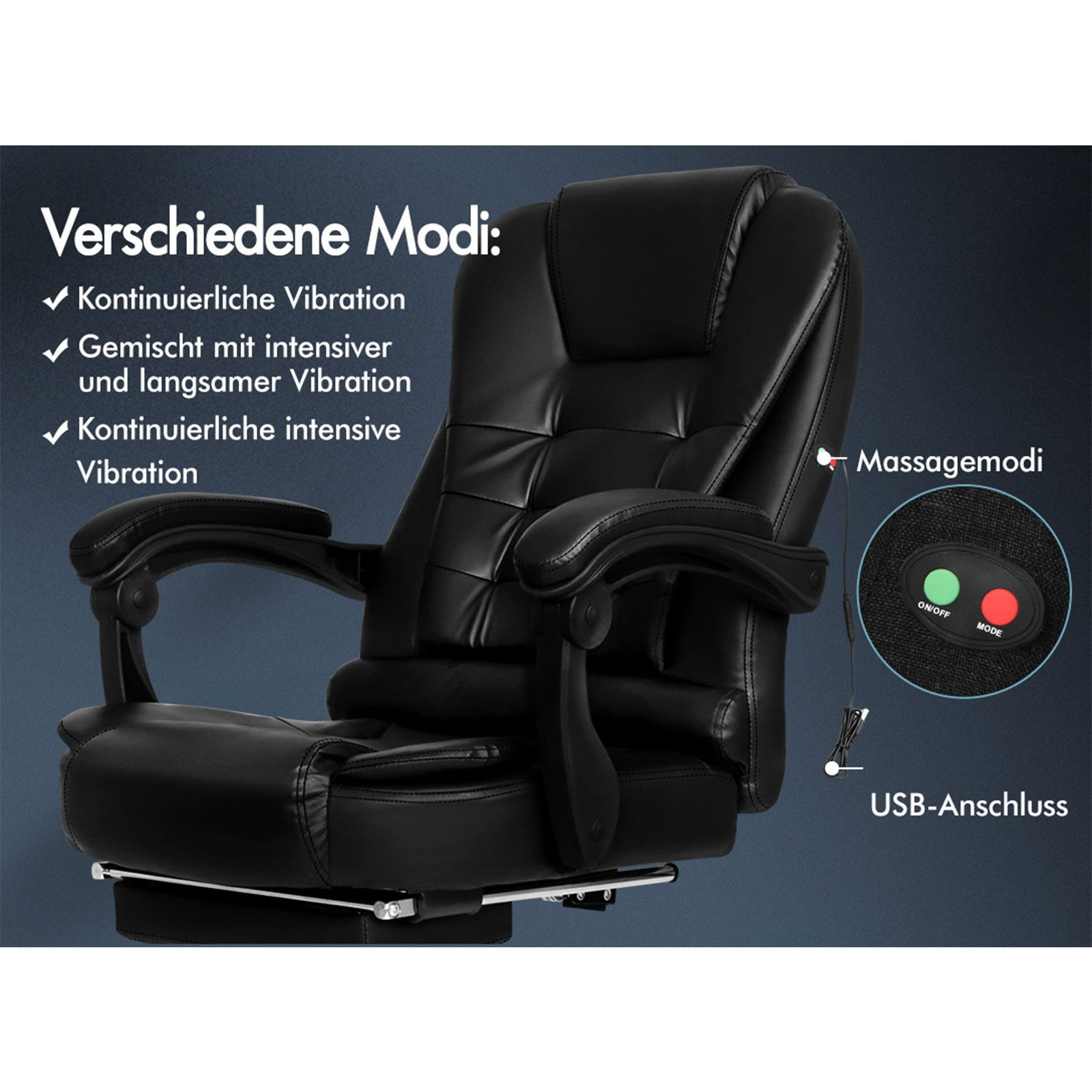 Ein schwarzer Massagestuhl mit verschiedenen Modi. Er hat eine Steuerung mit Ein/Aus- und Modus-Tasten.