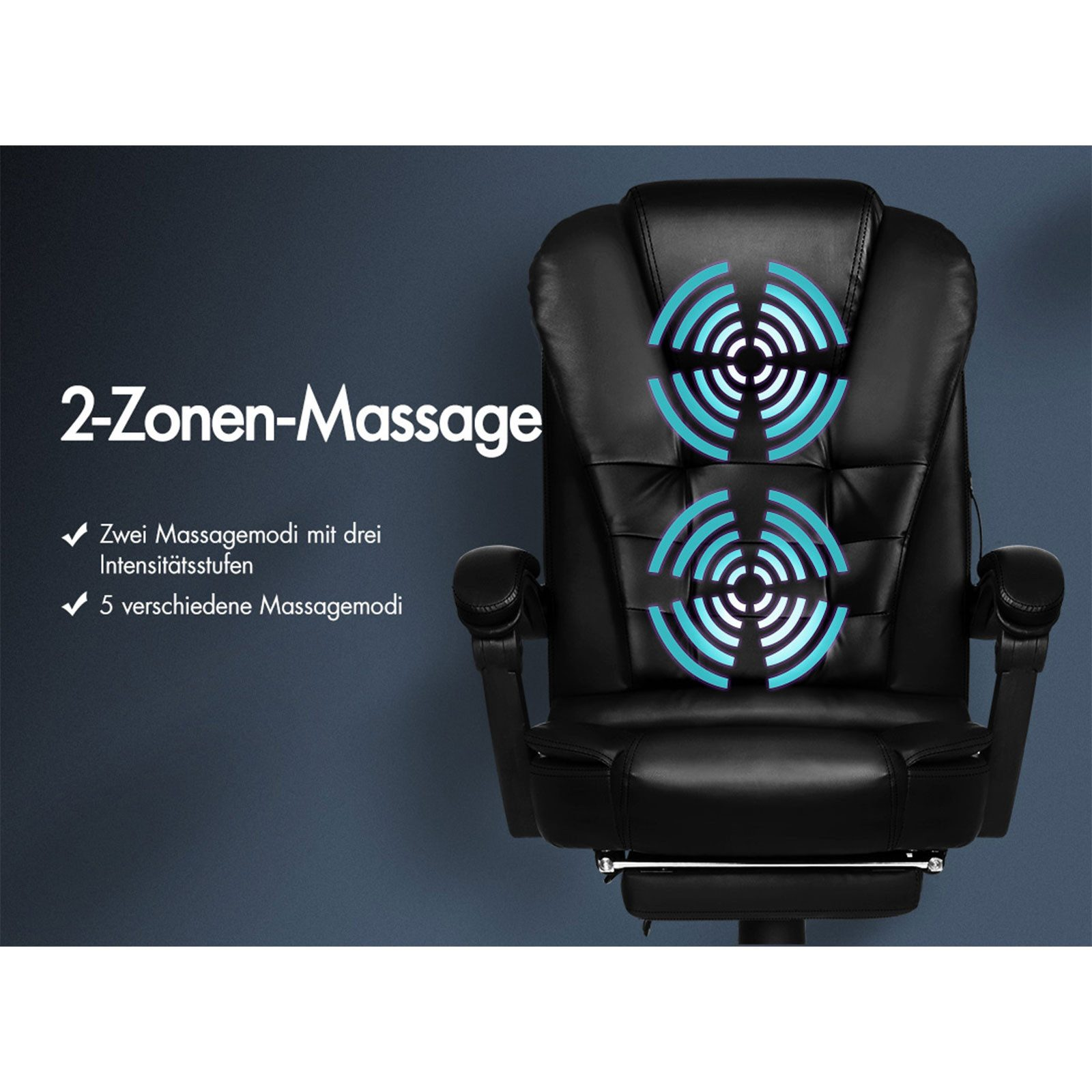 Schwarzer Massagestuhl mit blauen Massagezonen-Symbolen. Text: 2-Zonen-Massage, Zwei Massagemodi, 5 verschiedene Massagemodi.