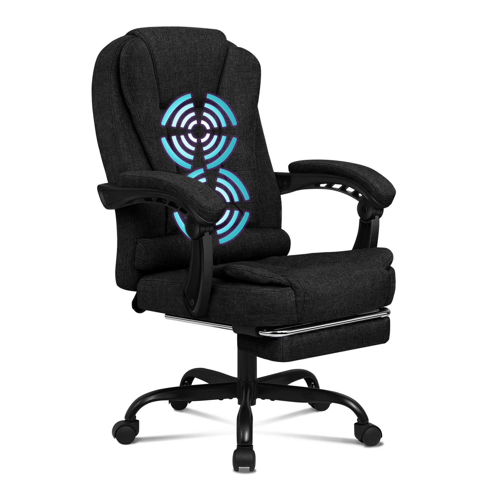 Ein schwarzer Gaming-Stuhl mit Fußstütze. Er hat blau beleuchtete Zielscheiben auf dem Rücken. Der Hintergrund ist weiß.