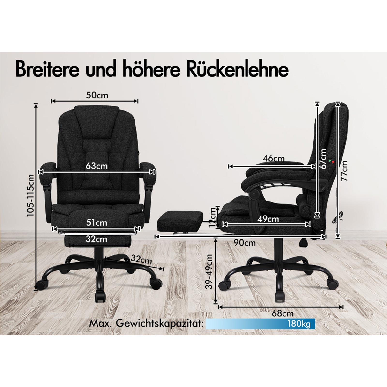 Ein schwarzer Bürostuhl und eine Fußstütze mit Maßen. Der Stuhl hat eine hohe Rückenlehne und Armlehnen.