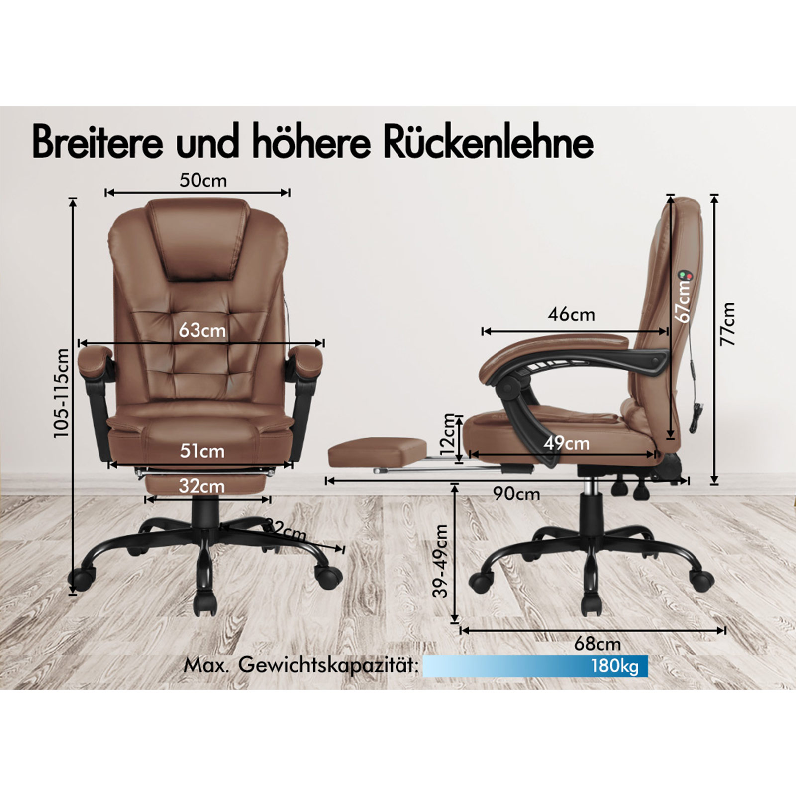 Zwei braune Bürostühle mit Maßen, vor weißem Hintergrund. Einer ist komplett montiert. Max. Tragfähigkeit 180kg.