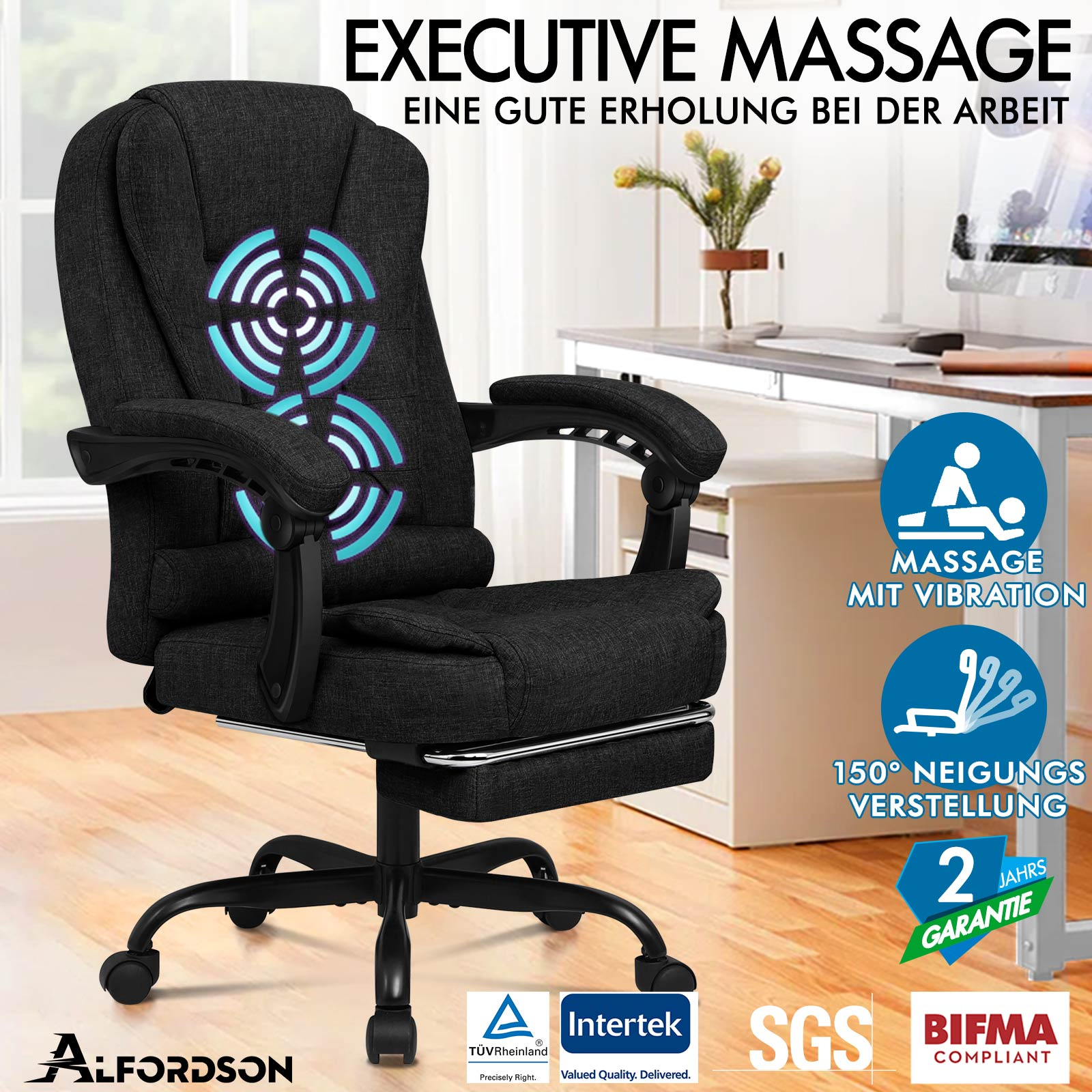 Schwarzer Massagesessel mit blauen Massagepunkten. Merkmale sind Vibration, 150° Neigung und 2 Jahre Garantie.