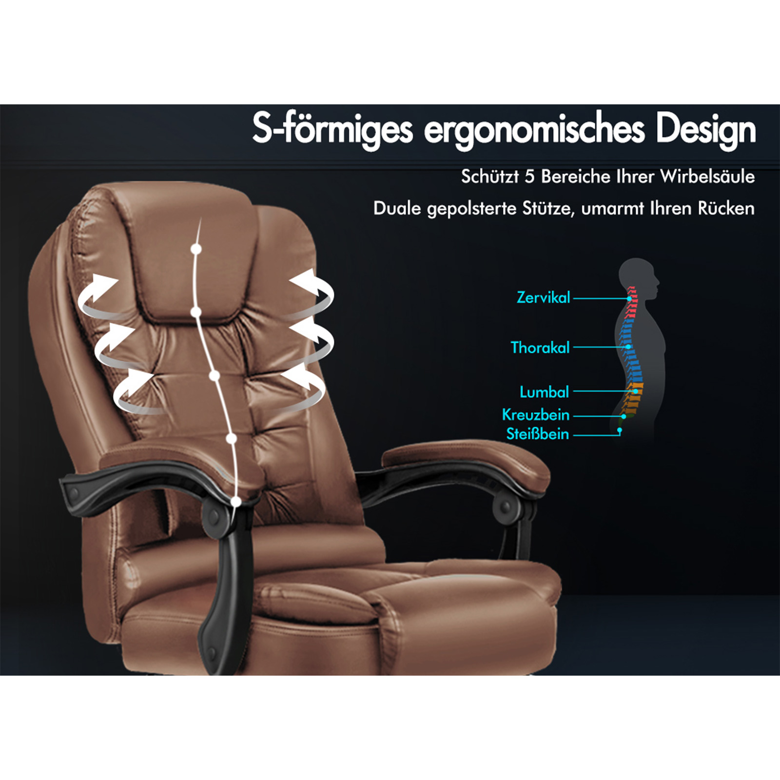 Brauner ergonomischer Bürostuhl mit Diagramm, das Wirbelsäulenstützbereiche zeigt. Text auf Deutsch.