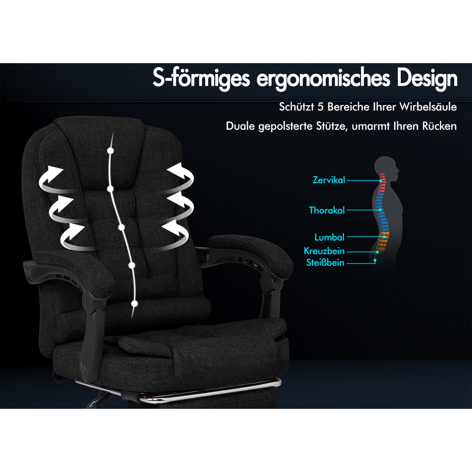 Schwarzer ergonomischer Bürostuhl mit Diagramm zur Wirbelsäulenunterstützung. Text auf Deutsch beschreibt Merkmale.