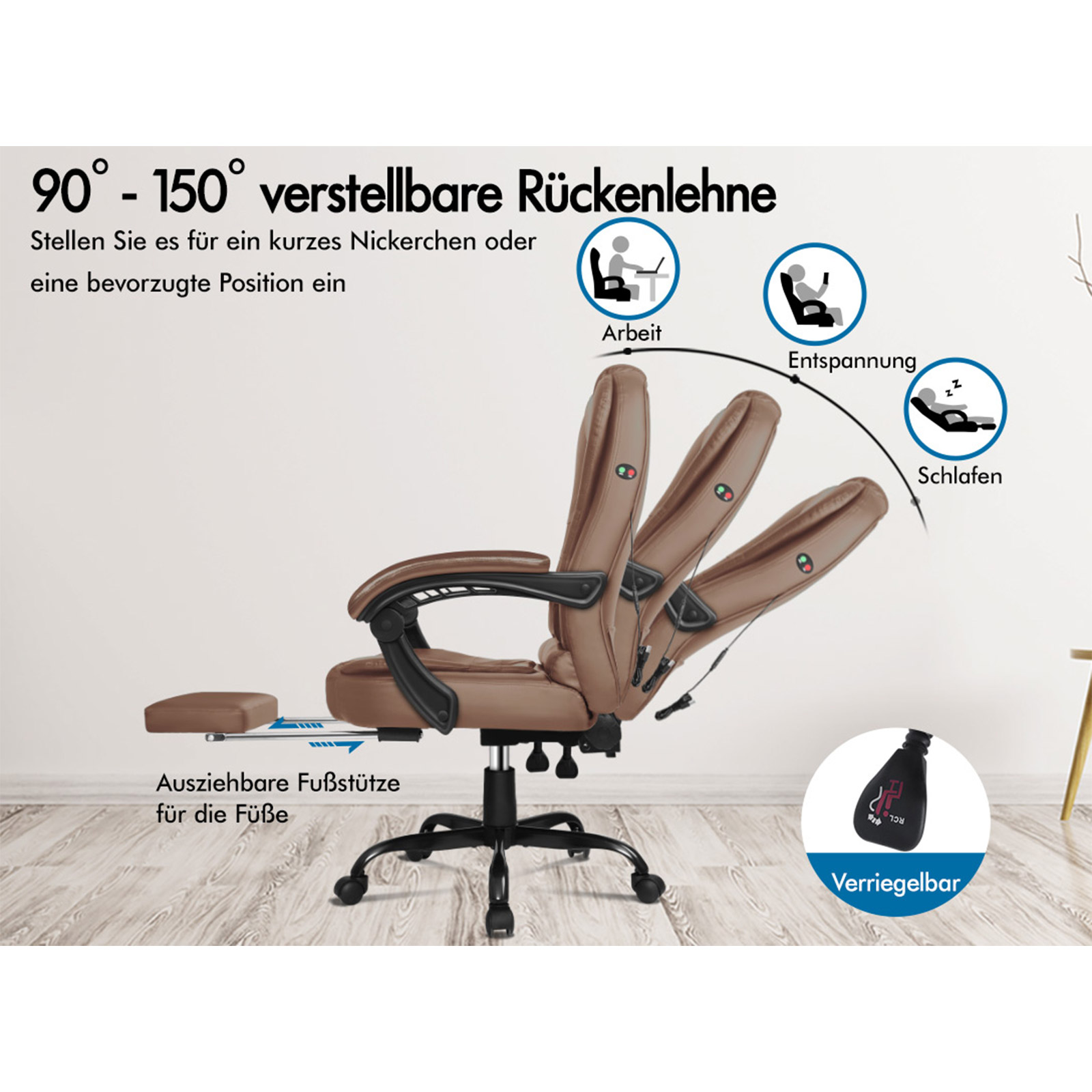 Brauner Bürostuhl mit verstellbarer Rückenlehne und Fußstütze. Symbole zeigen Arbeit, Entspannung und Schlaf.
