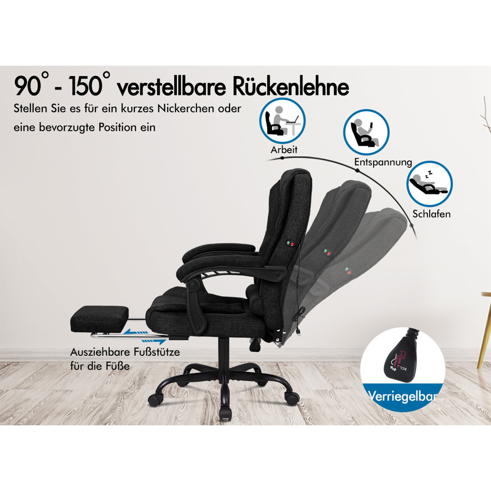 Schwarzer Bürostuhl mit verstellbarer Rückenlehne und Fußstütze, zeigt Positionen für Arbeit, Entspannung und Schlaf.
