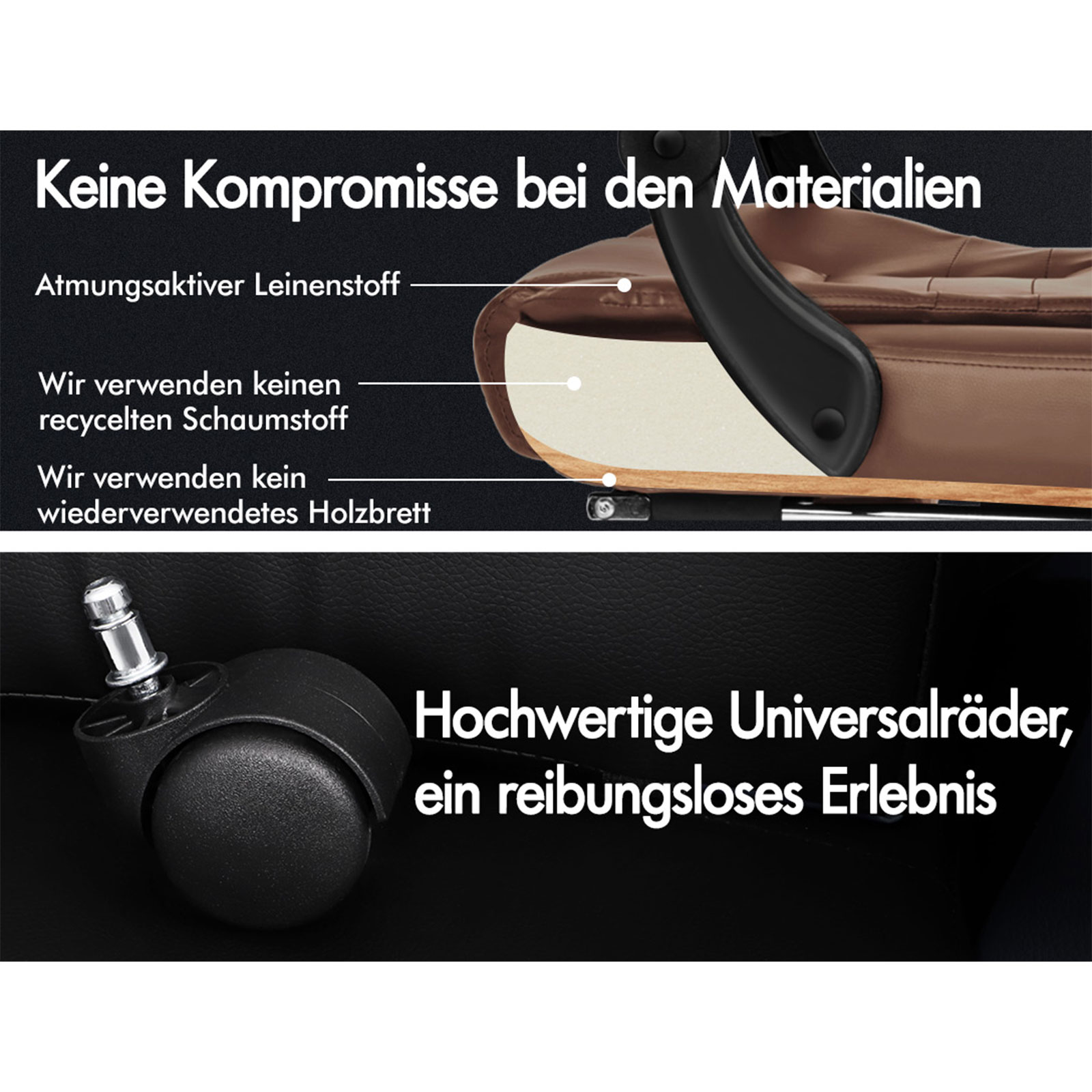 Das Bild zeigt Stuhlteile. Der Text auf Deutsch hebt Materialien hervor: Leinenstoff, nicht recycelter Schaumstoff und Holz. Außerdem ein Stuhlrad.