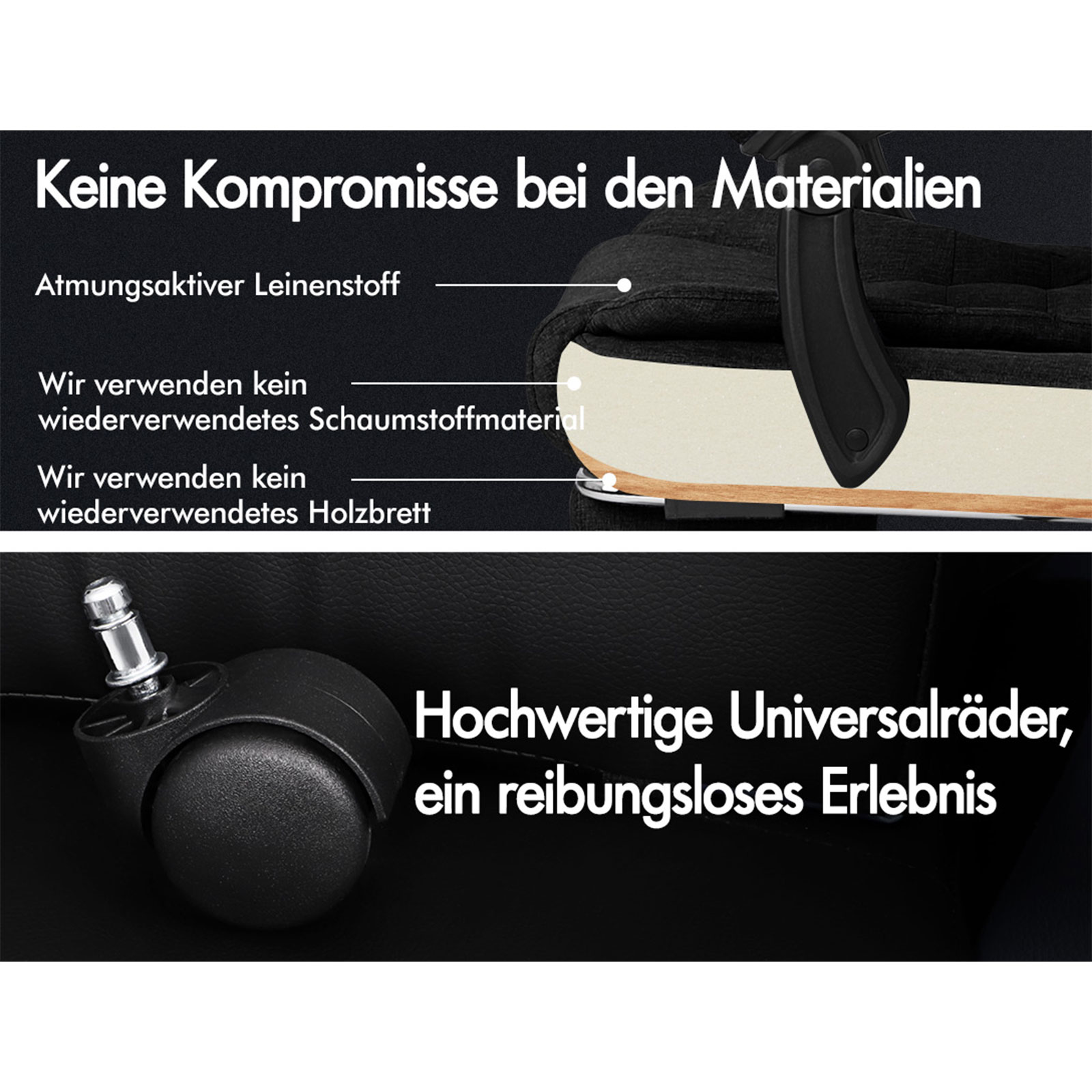Das Bild zeigt Stuhlmaterialien und Raddetails. Der Text hebt atmungsaktives Leinen, nicht recycelten Schaumstoff und hochwertige Räder hervor.