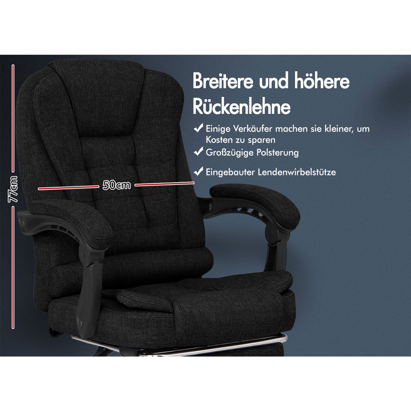Ein schwarzer Bürostuhl mit Armlehnen, 77 cm hoch und 50 cm breit. Text rechts zeigt Eigenschaften.