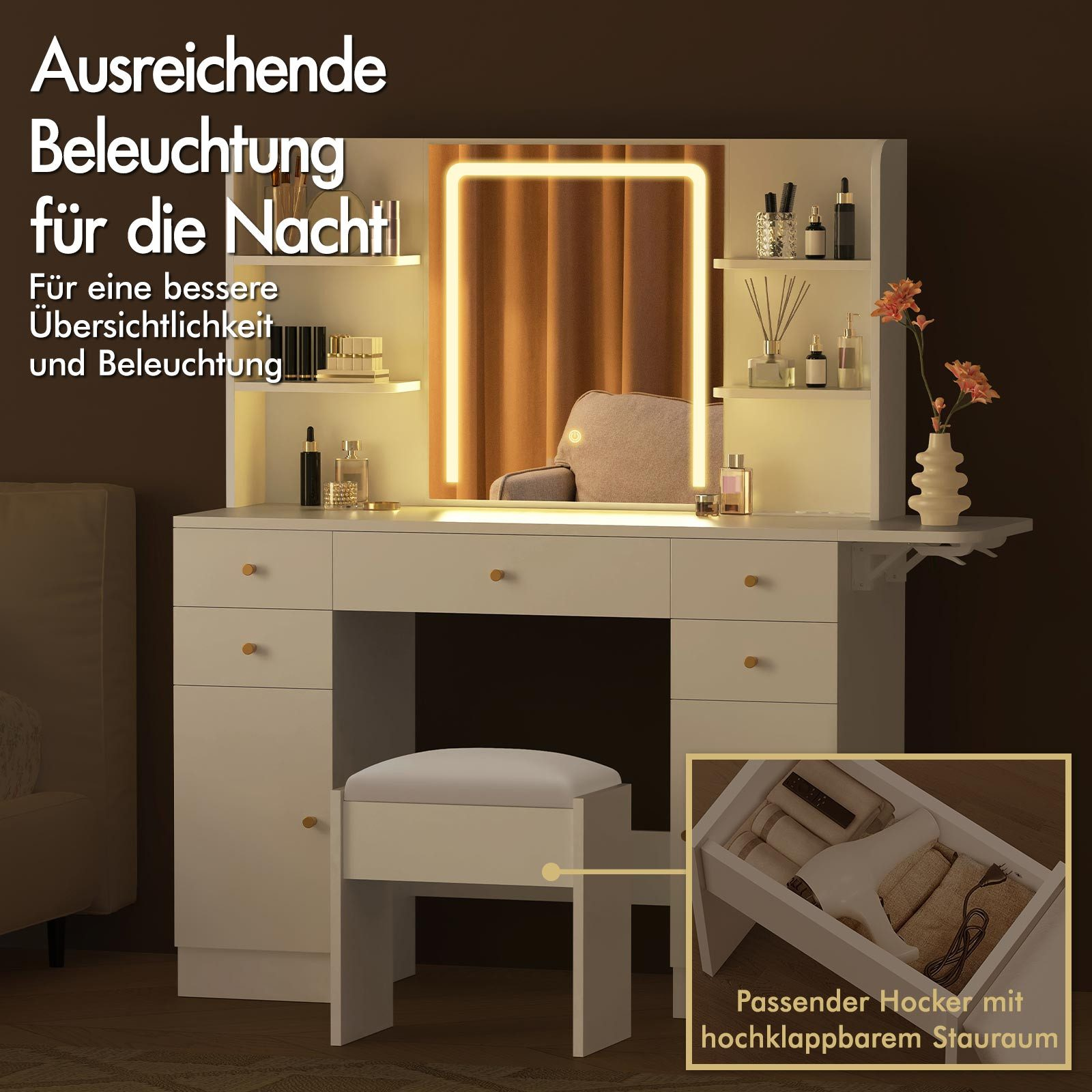 Ein weißer Schminktisch mit beleuchtetem Spiegel und passendem Hocker. Auf den Regalen stehen Kosmetika und eine Schublade, die sich  öffnet.