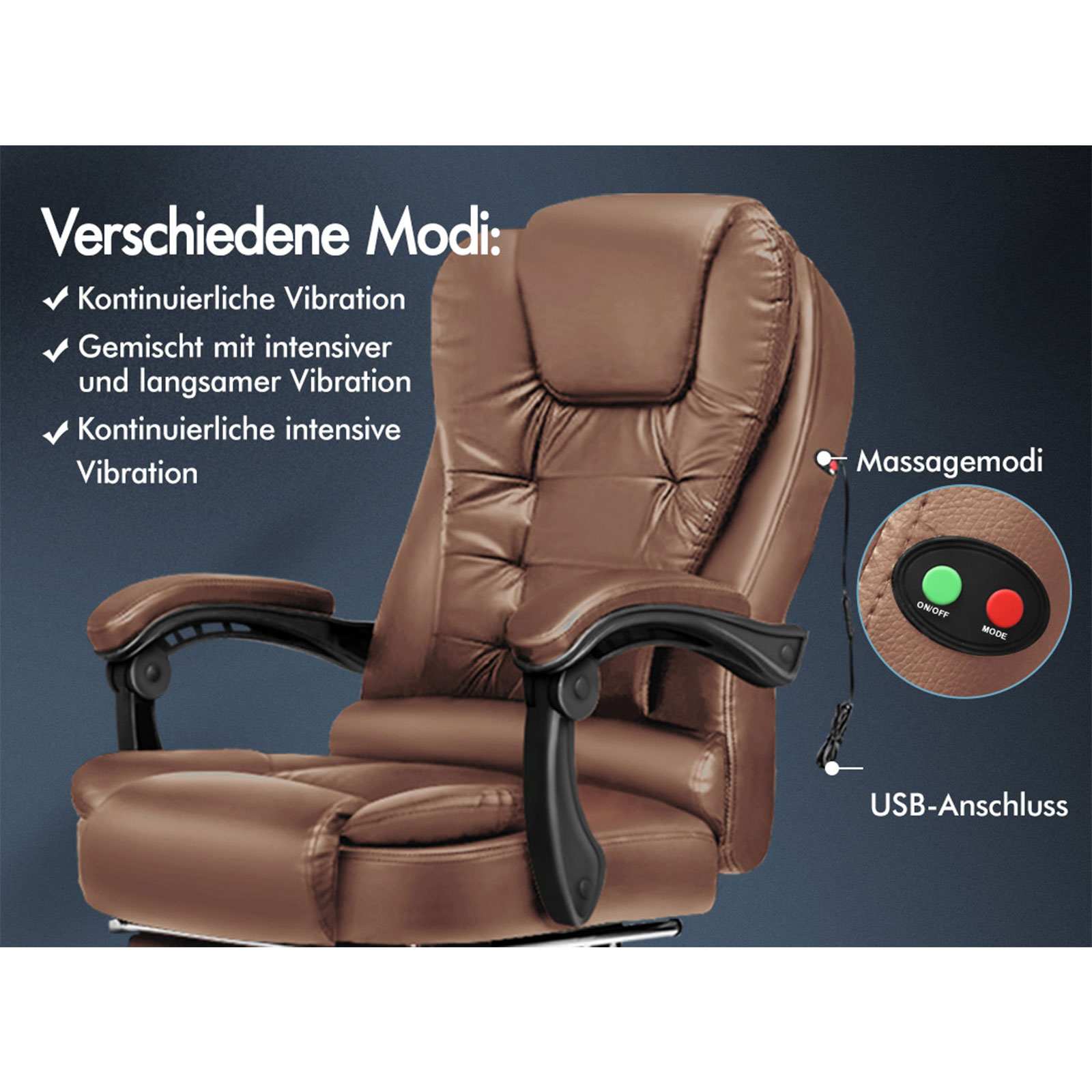 Brauner Leder-Massagestuhl mit schwarzen Armlehnen. Verfügt über Massagemodi und einen USB-Anschluss. Text beschreibt Modi.