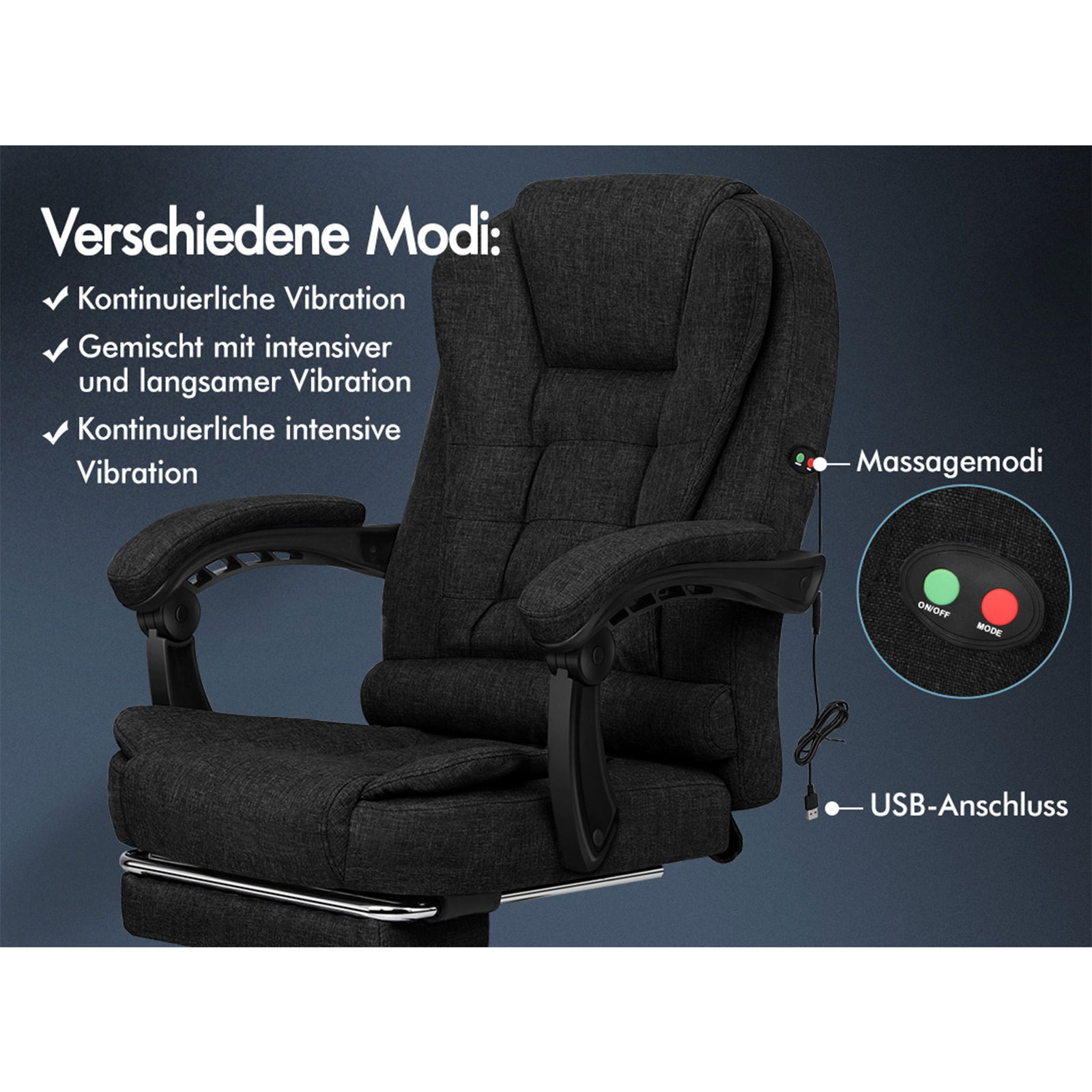 Ein schwarzer Massagestuhl mit verschiedenen Modi und einem USB-Anschluss. Die Bedienelemente umfassen Ein/Aus- und Modus-Tasten.
