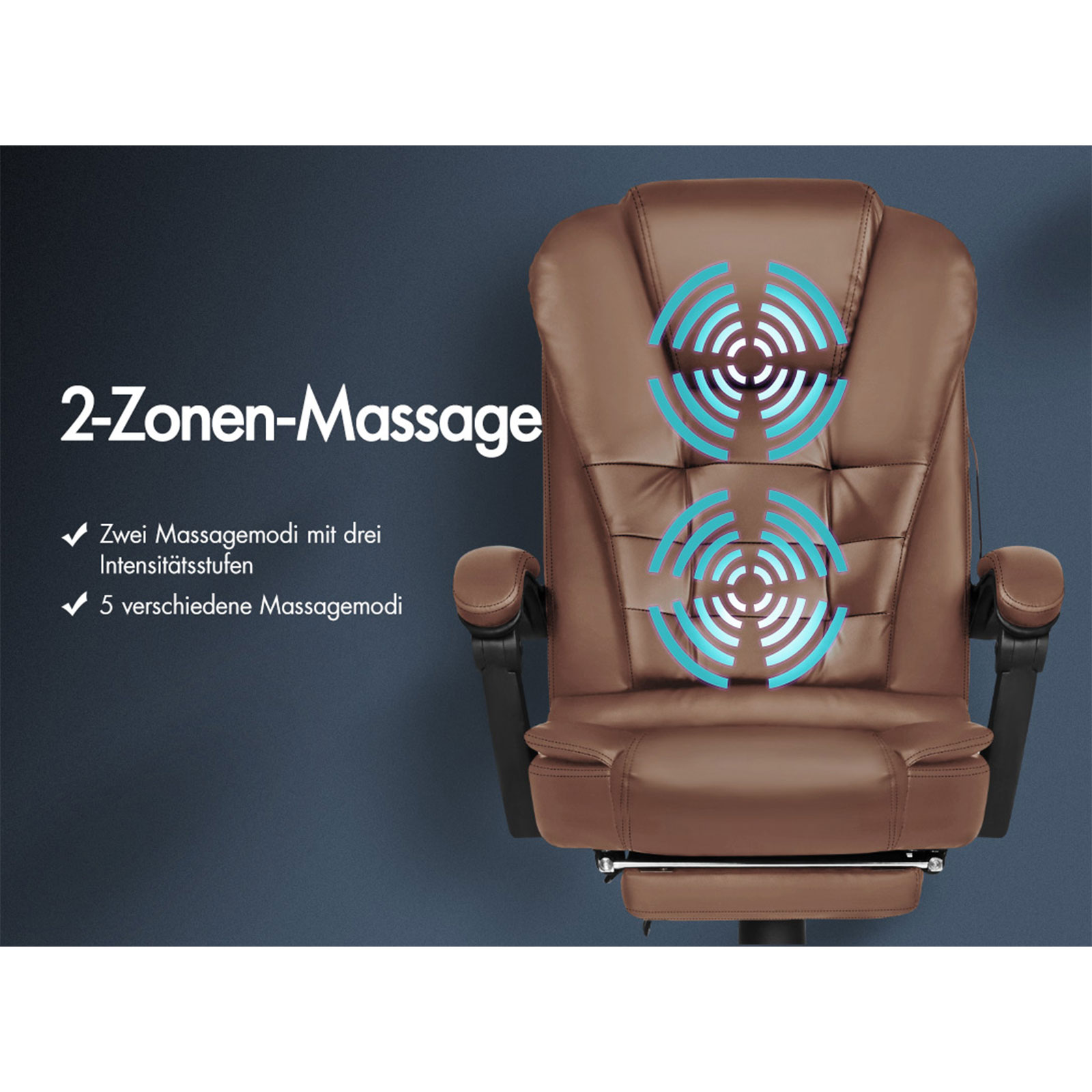 Ein brauner Massagestuhl mit blauen Massagezonenanzeigen. Auf der linken Seite steht '2-Zonen-Massage' und Massagefunktionen.
