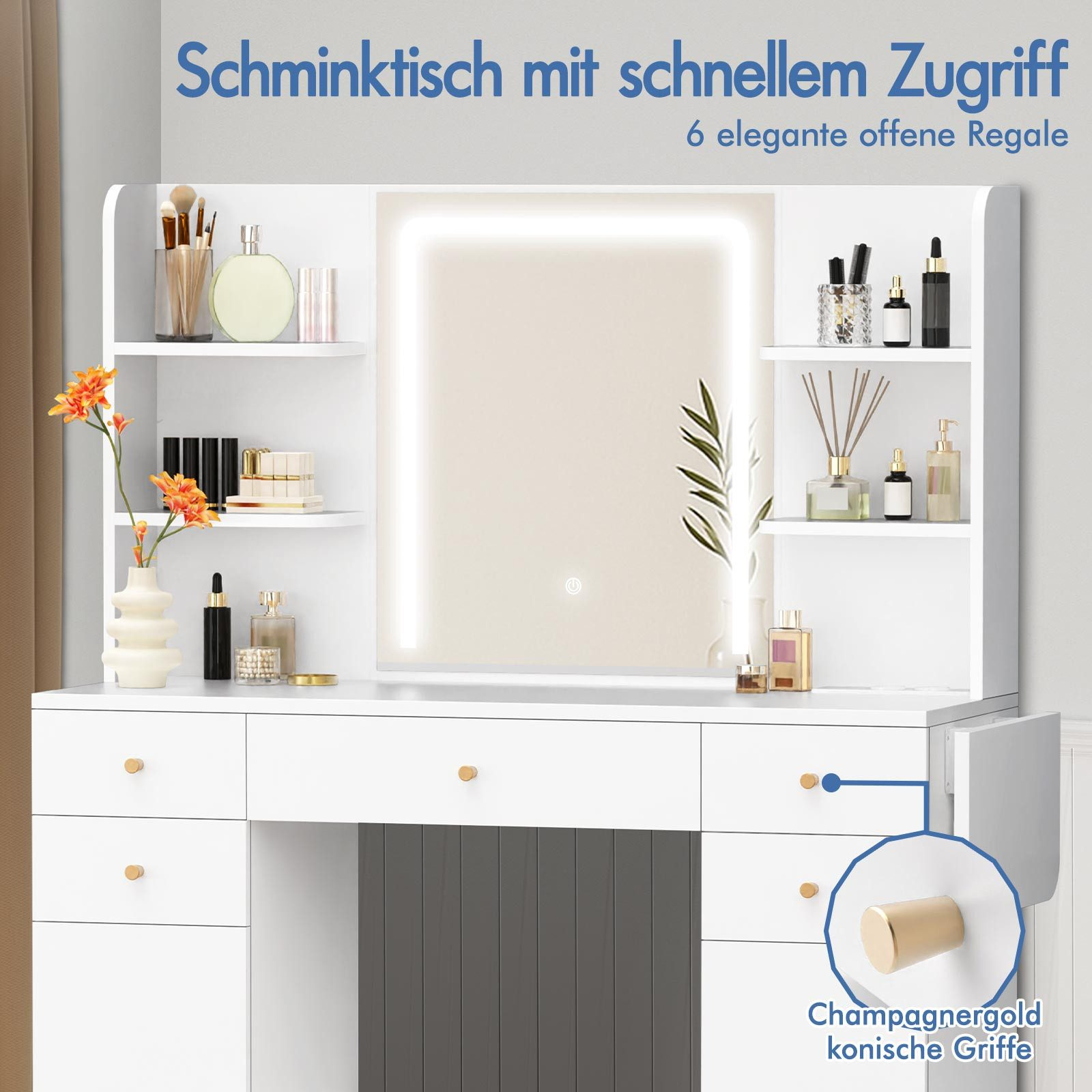 Ein weißer Schminktisch mit beleuchtetem Spiegel, Regalen mit Schönheitsprodukten und goldenen Griffen. Text: 'Schminktisch mit schnellem Zugriff'.