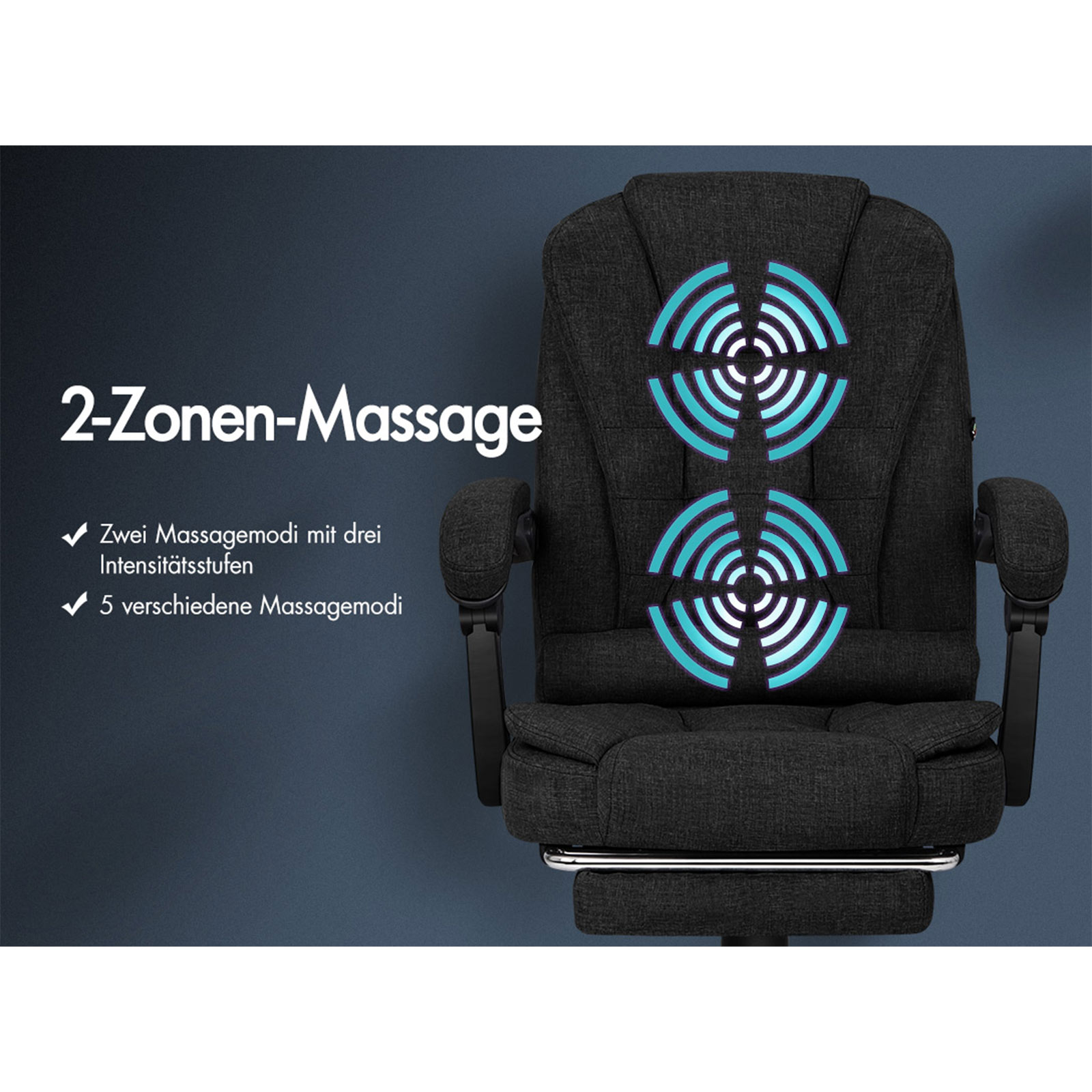 Ein dunkler Massagestuhl mit leuchtenden blauen Massagezonen. Text beschreibt Massagefunktionen: 2 Zonen, 3 Intensitäten und 5 Modi.