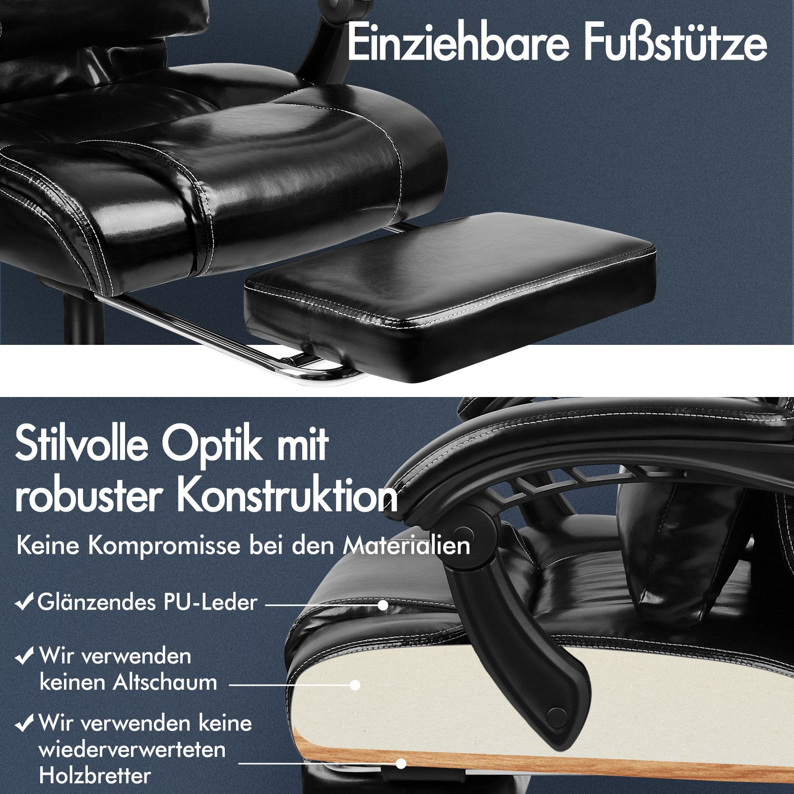 Schwarzer Bürostuhl mit Fußstütze. Text: Stilvolle Optik mit robuster Konstruktion, keine Kompromisse bei den Materialien.