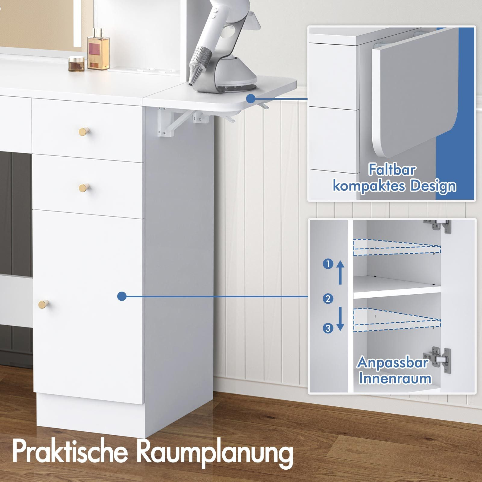 Ein weißer Waschtisch mit Schubladen, einem ausklappbaren Regal und einem Schrank. Textkennzeichnungen heben die Merkmale hervor.