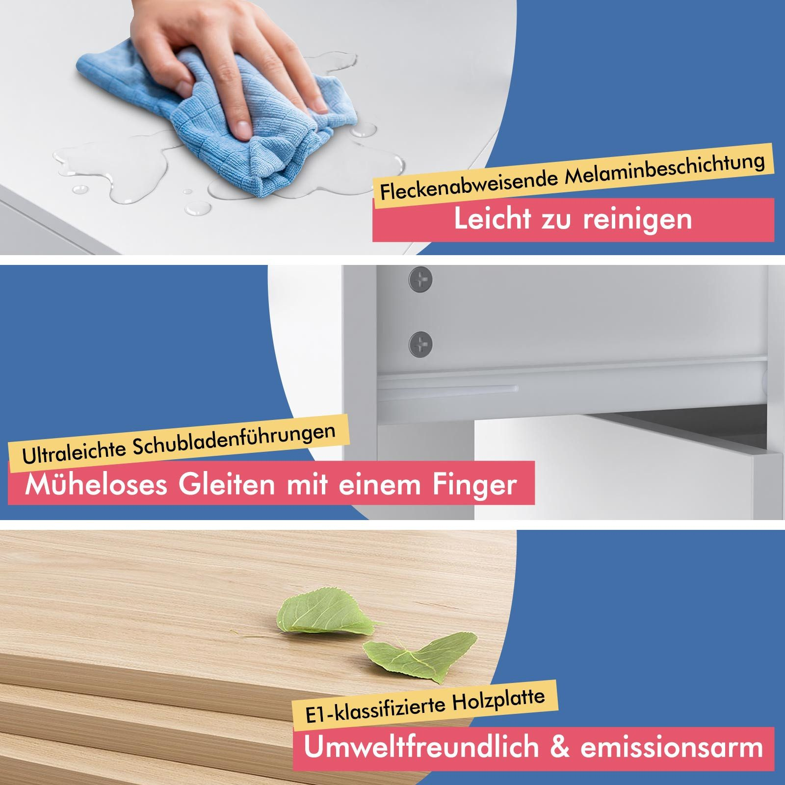 Eine Hand wischt eine weiße Oberfläche mit einem blauen Tuch ab, mit Text über Reinigung, Schubladenführungen und umweltfreundliches Holz.