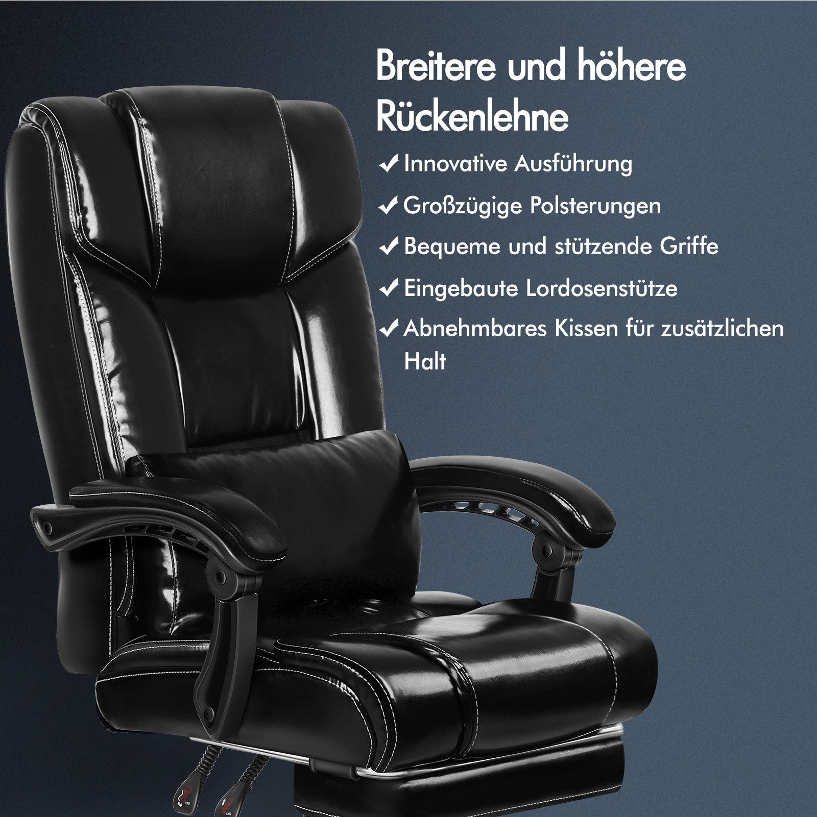 Schwarzer Bürostuhl aus Leder mit weißen Nähten, breiter Rückenlehne und Armlehnen. Merkmale sind Lendenwirbelstütze und Kopfstütze.