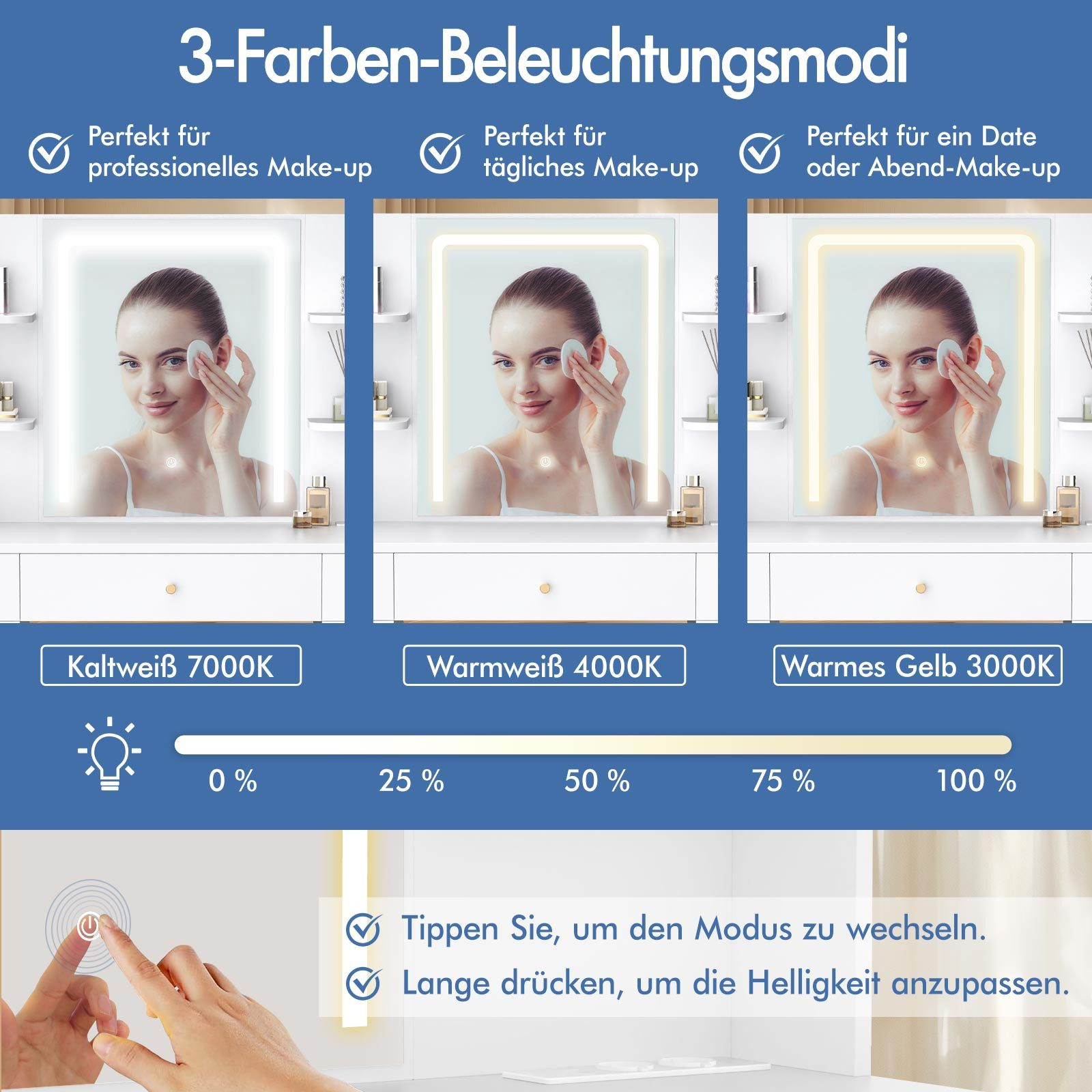 Das Bild zeigt drei Beleuchtungsmodi für Make-up. Jeder Modus zeigt eine Frau, die einen Spiegel benutzt. Modi sind kaltweiß, warmweiß und warmgelb.