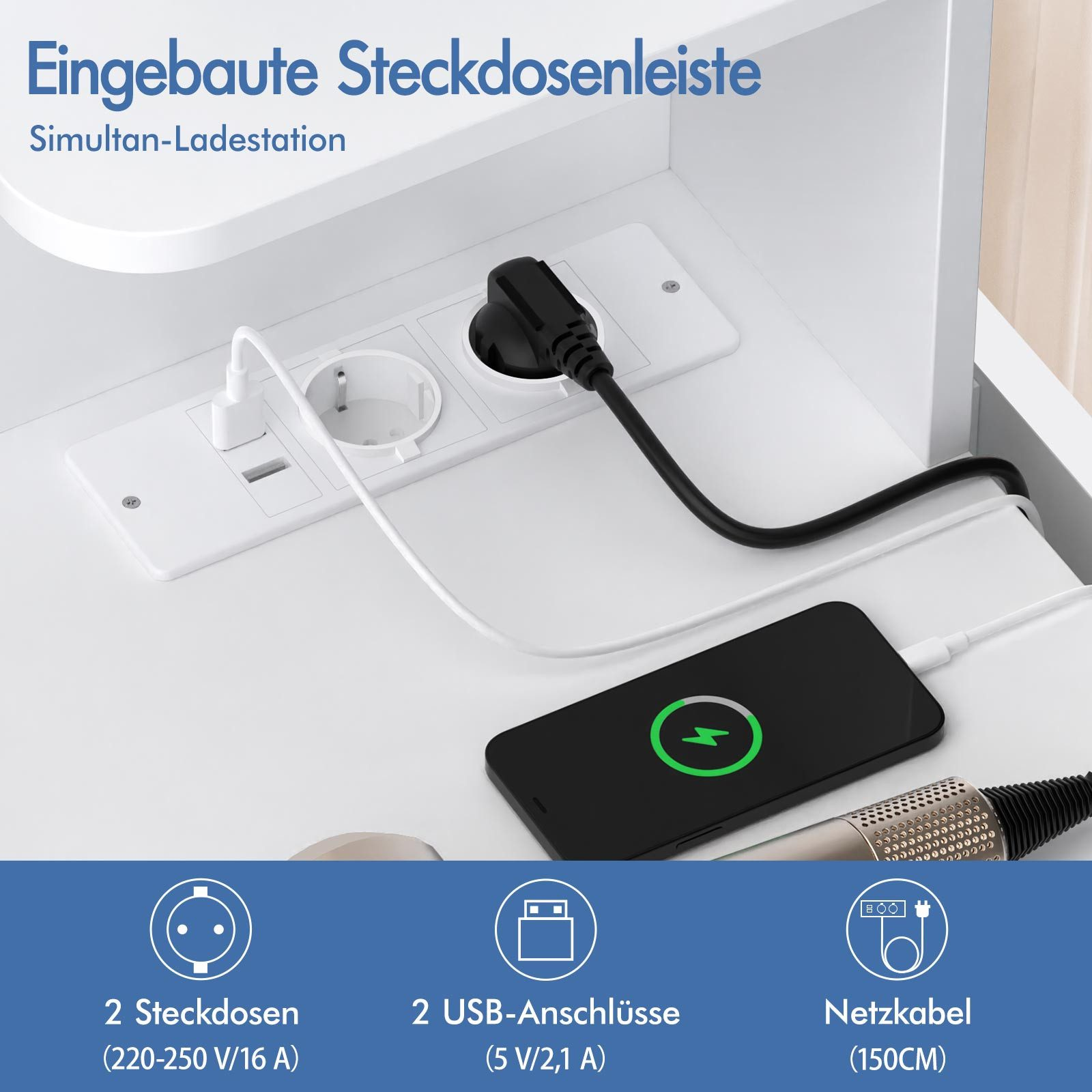 Eine weiße Ladestation mit Steckdosen, USB-Anschlüssen und einem ladenden Telefon. Ein schwarzer Stecker ist eingesteckt.