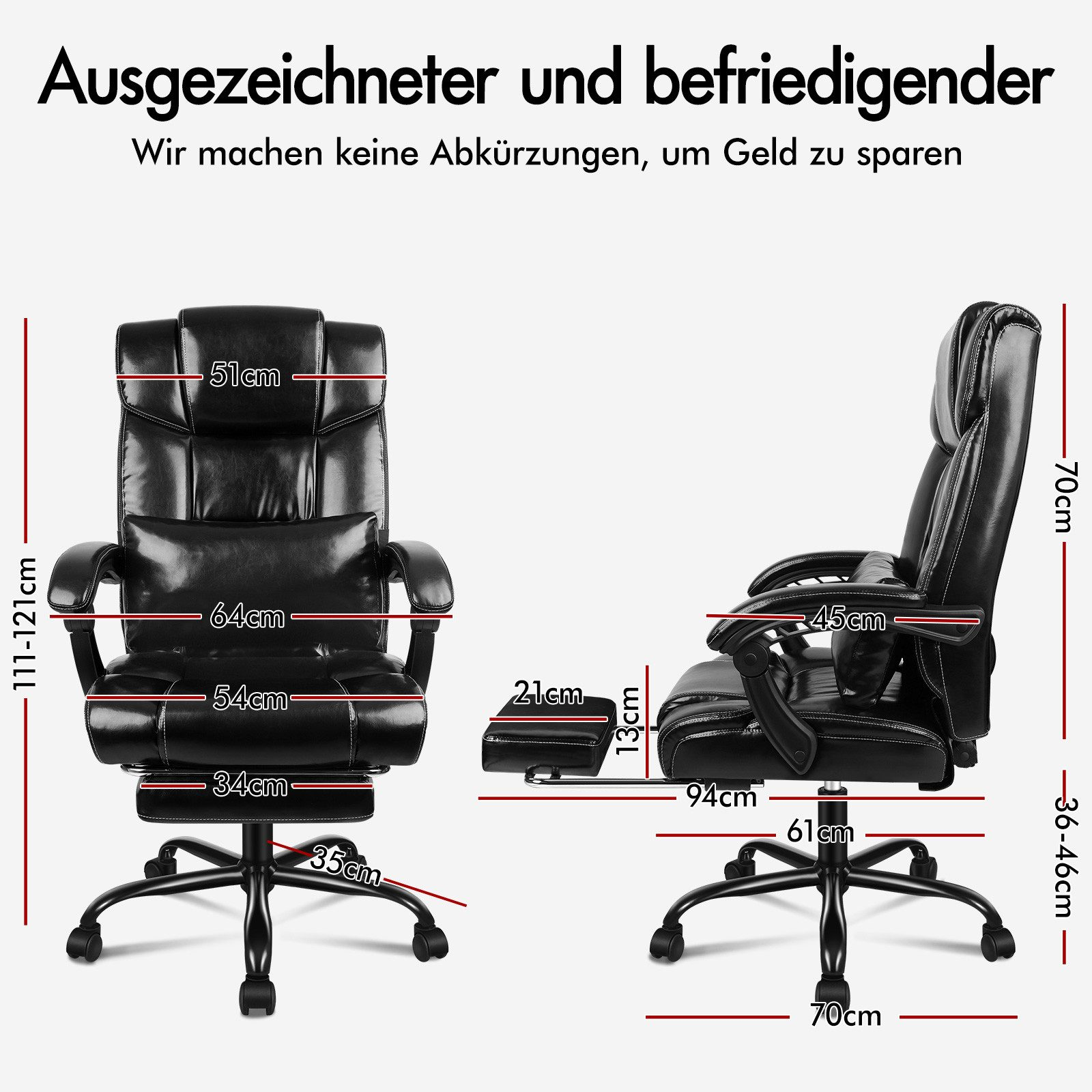 Das Bild zeigt einen schwarzen Bürostuhl mit Größenangaben. Der Text oben lautet 'Ausgezeichnet und befriedigend'.