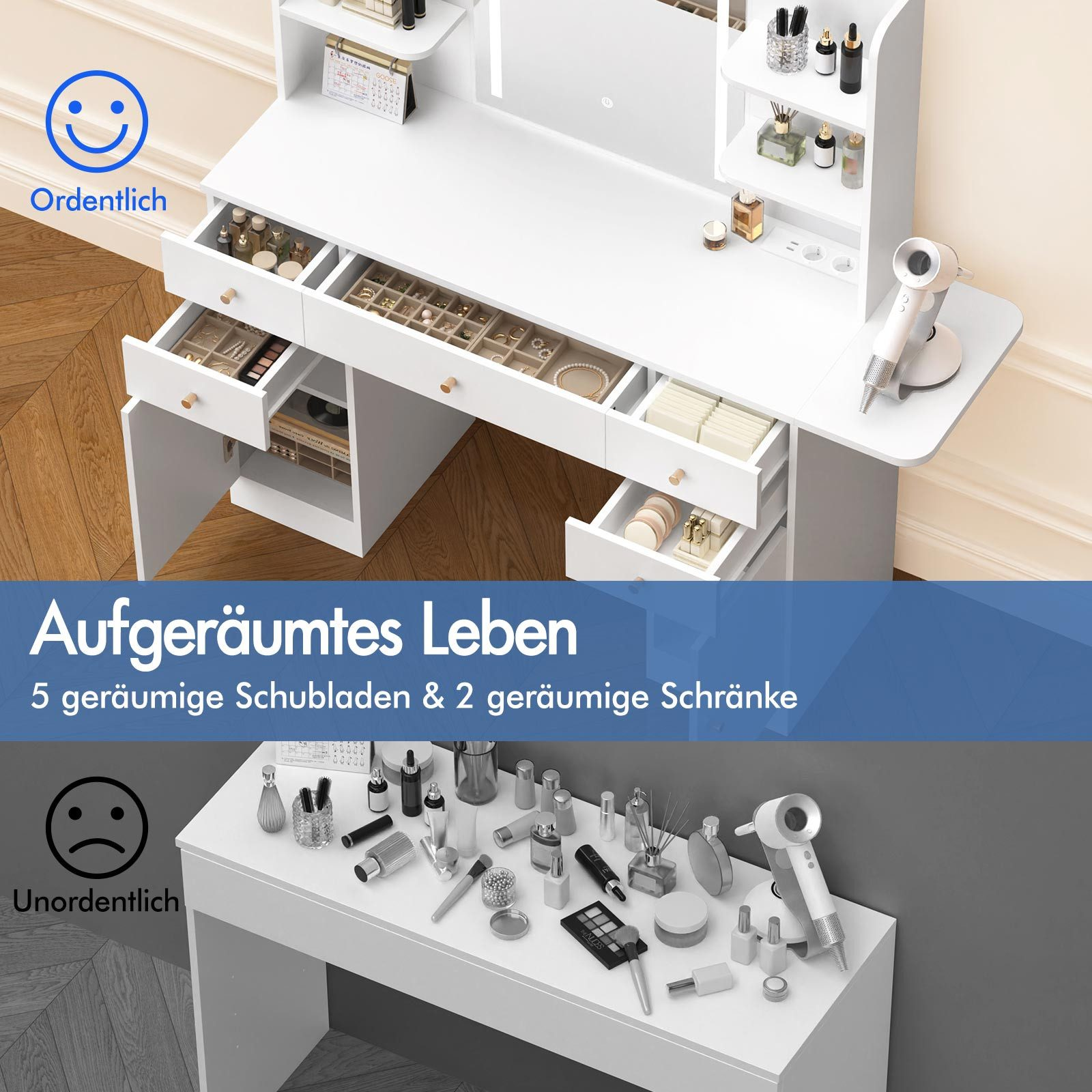 Ein weißer Schminktisch mit Schubladen und Regalen. Das obere Bild ist aufgeräumt, das untere unordentlich.