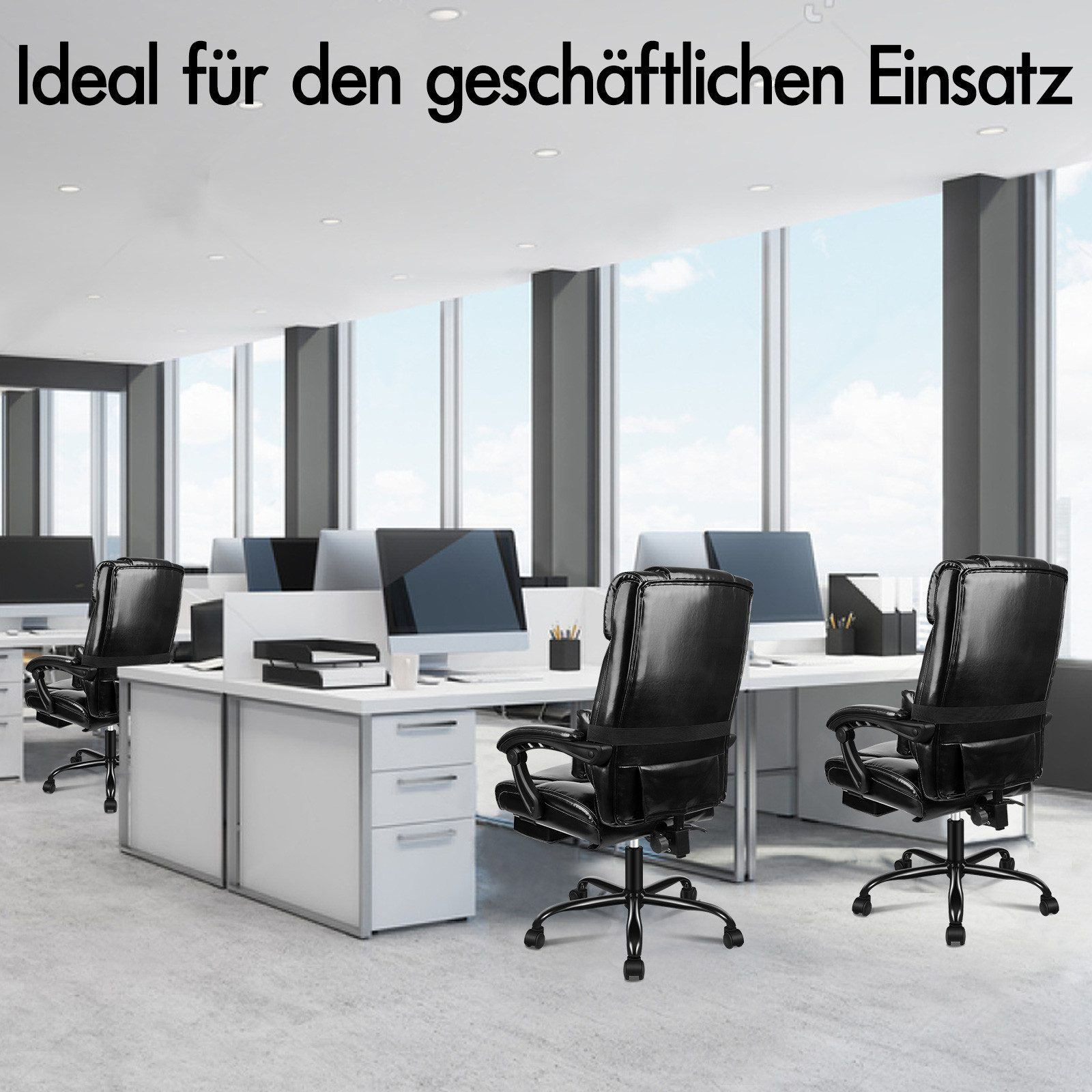 Büro mit Schreibtischen, Stühlen und Computern. Schwarze Lederstühle im Vordergrund. Text 'Ideal für den geschäftlichen Einsatz' oben.