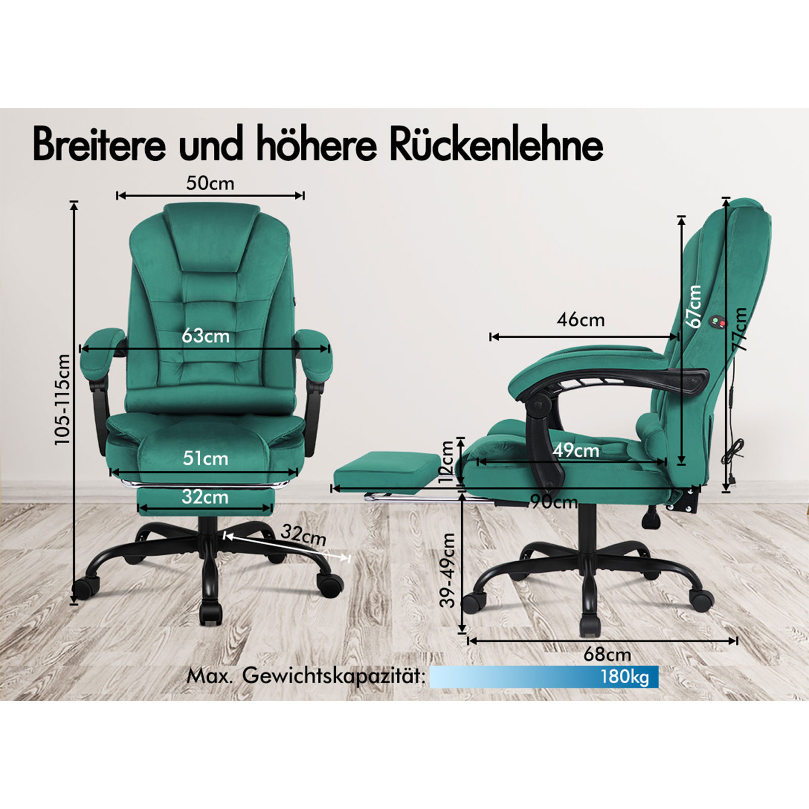 Zwei teal Bürostühle mit Maßen. Ein Stuhl ist aufrecht, der andere zurückgelehnt. Zwischen ihnen befindet sich eine Fußstütze. Das max. Gewicht ist 180 kg.