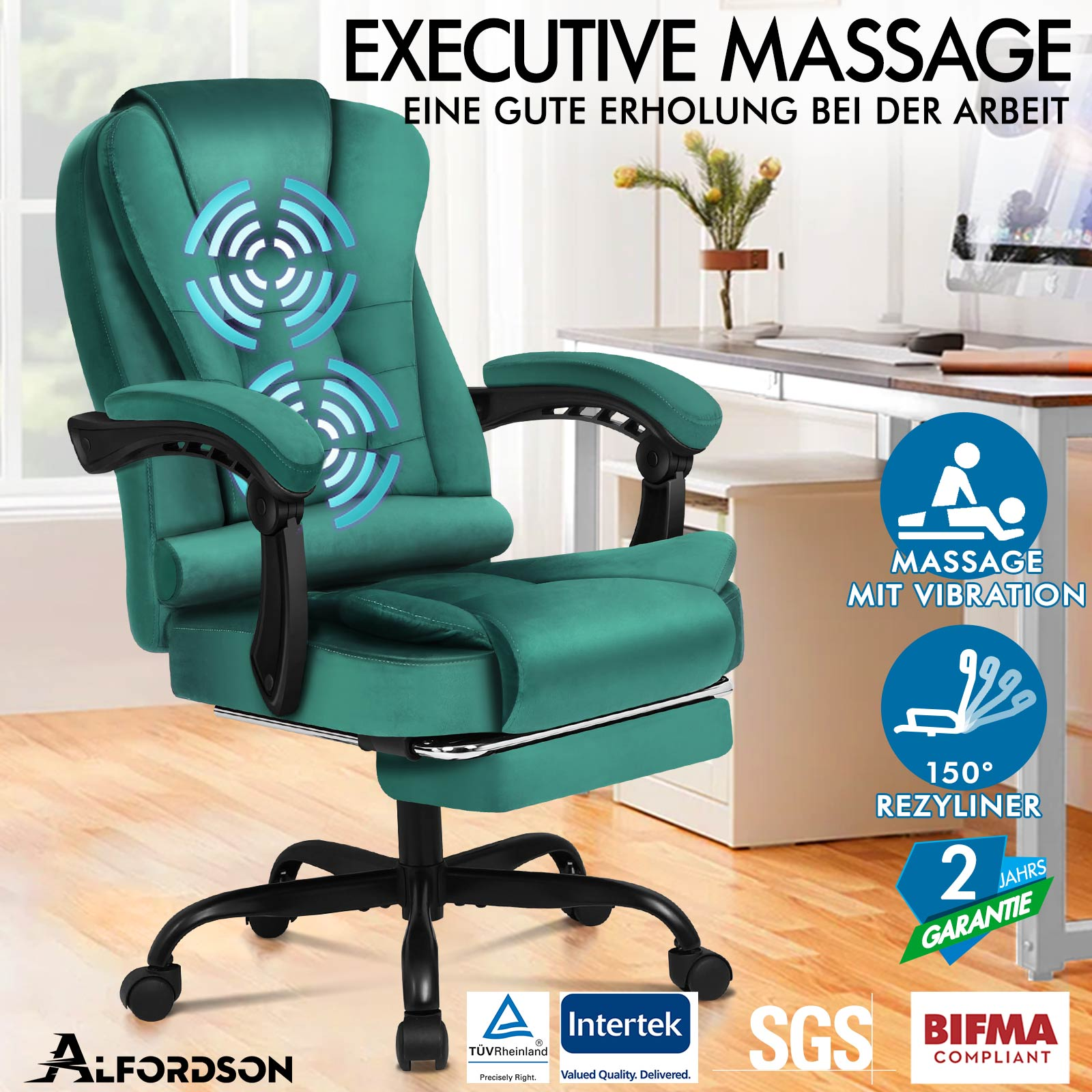 Grüner Massagesessel mit Massage-Symbolen. Text: Massage, 150° Neigung, 2 Jahre Garantie. Logos sind vorhanden.