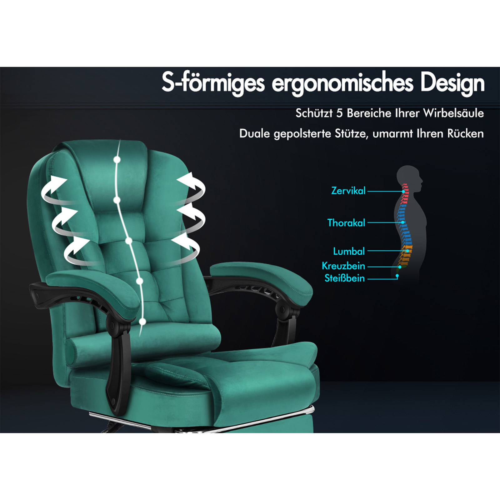 Grüner ergonomischer Bürostuhl mit schwarzen Armlehnen. Zeigt Wirbelsäulendiagramm. Text: S-förmiges ergonomisches Design.
