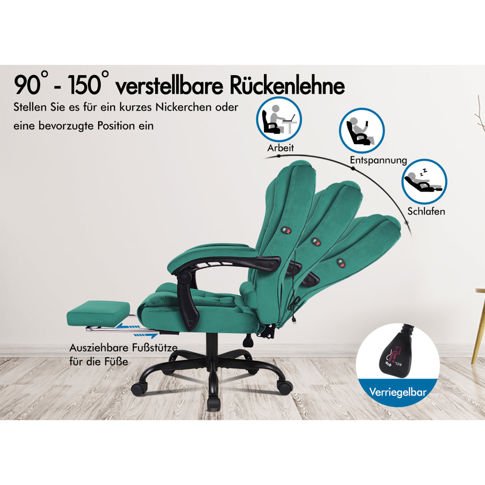 Grüner, verstellbarer Bürostuhl mit Fußstütze, arretierbar, für Arbeit, Entspannung und Schlaf. Verschiedene Positionen.