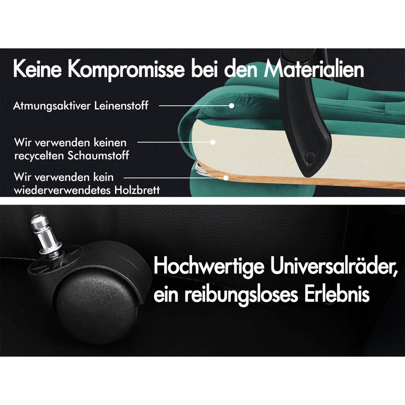 Das Bild zeigt einen Stuhl mit Text über Materialien. Es hebt atmungsaktiven Leinenstoff, Schaumstoff und Holz hervor.