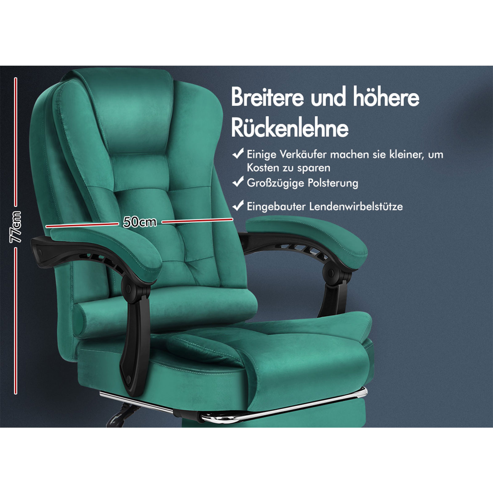 Ein tealfarbener Bürostuhl mit den Maßen 77 cm Höhe und 50 cm Breite wird zusammen mit Text gezeigt.