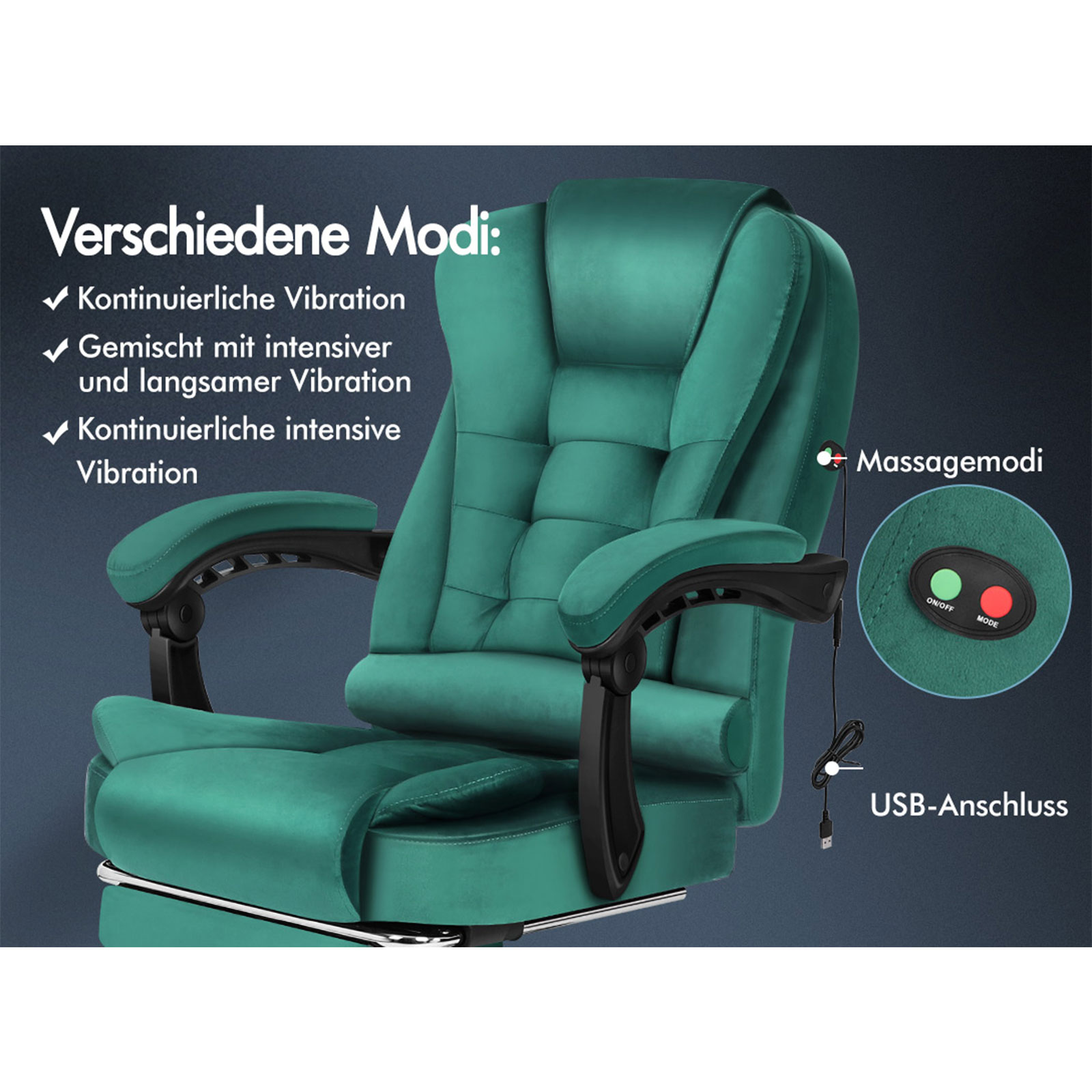 Grüner Massagestuhl mit Bedienfeld und USB-Anschluss. Texte beschreiben Vibrationsmodi.