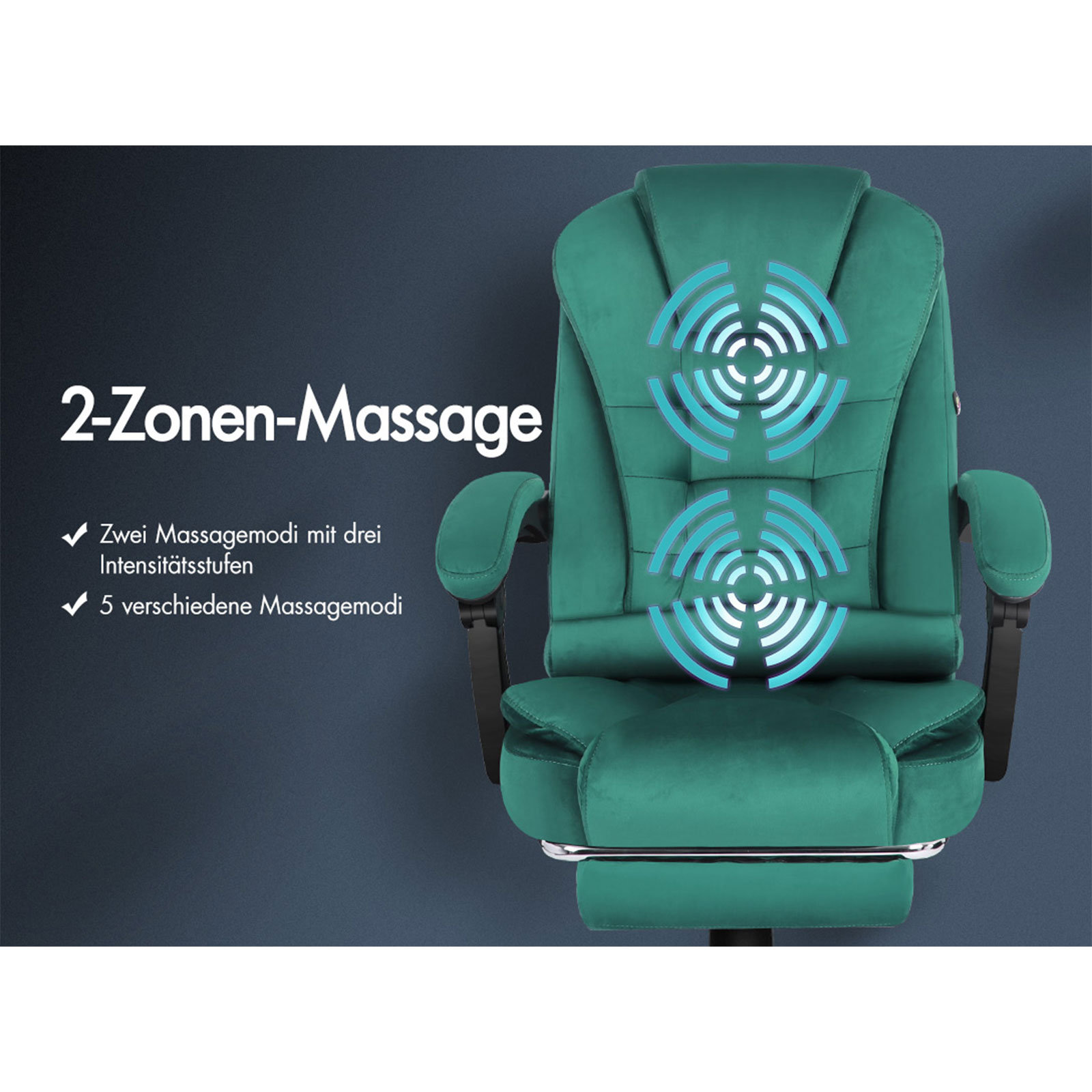 Ein tealfarbener Massagestuhl mit blauen Massagezonen-Symbolen. Text zeigt Doppelzonenmassage und verschiedene Modi.