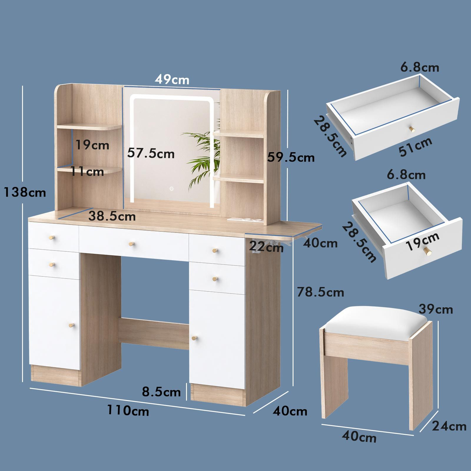 Ein Schminktisch mit Spiegel, Schubladen und Hocker. Abmessungen sind beschriftet. Die Farben sind Weiß und Beige.
