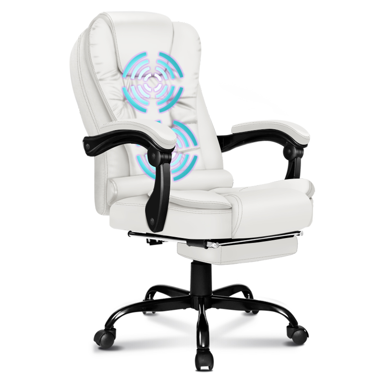 Weißer ergonomischer Bürostuhl mit schwarzen Akzenten. Er hat eine hohe Rückenlehne, Armlehnen und ein Fünf-Sterne-Gestell mit Rollen.