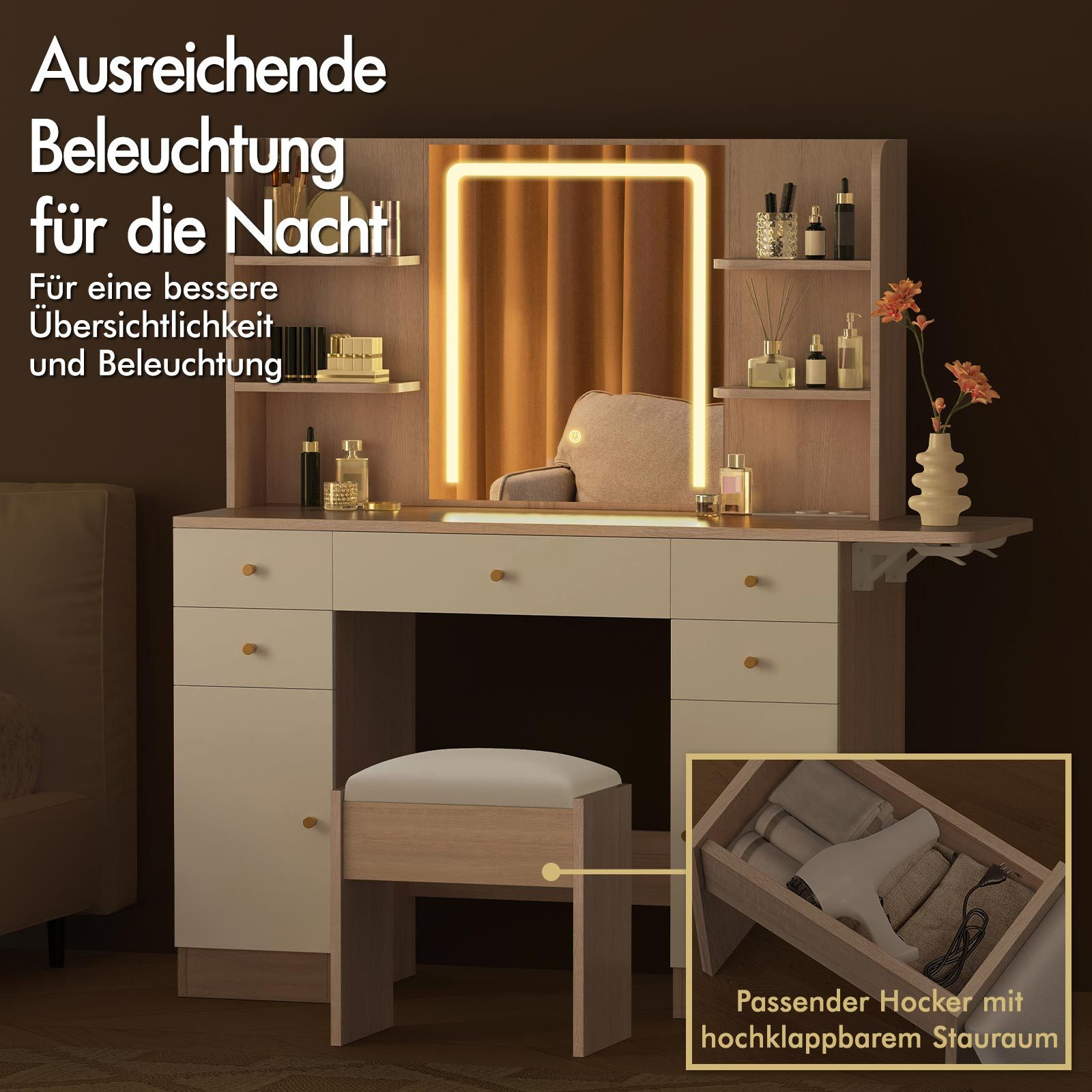 Frisiertisch mit Spiegel, Lichtern und Hocker. Enthält Schubladen, Regale mit Gegenständen und eine kleine Aufbewahrungsbox.