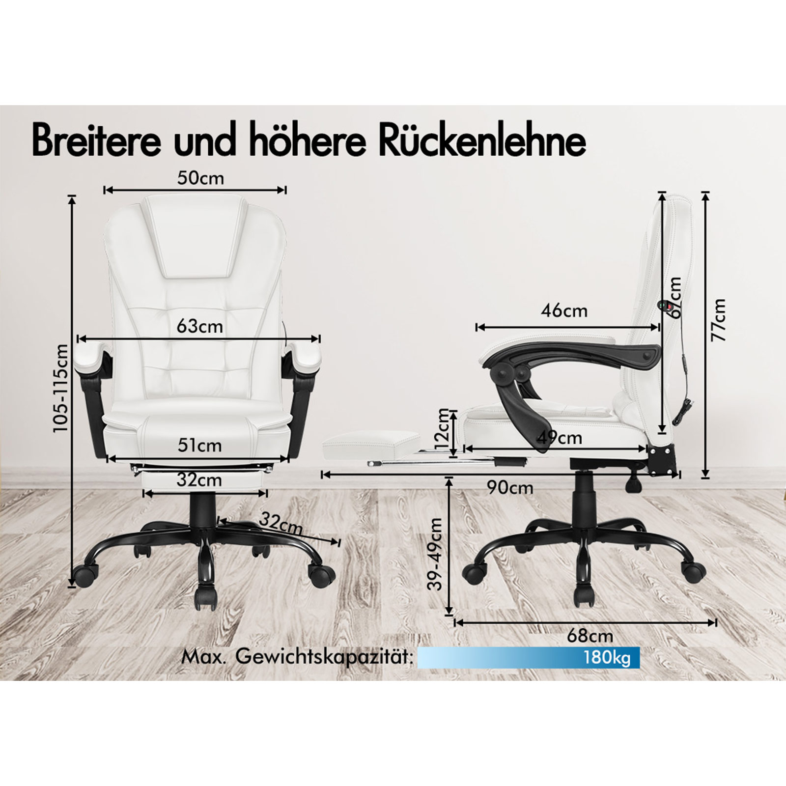 Diagramm eines weißen Bürostuhls mit schwarzen Akzenten. Maße sind in Zentimetern angegeben, mit max. Tragfähigkeit.