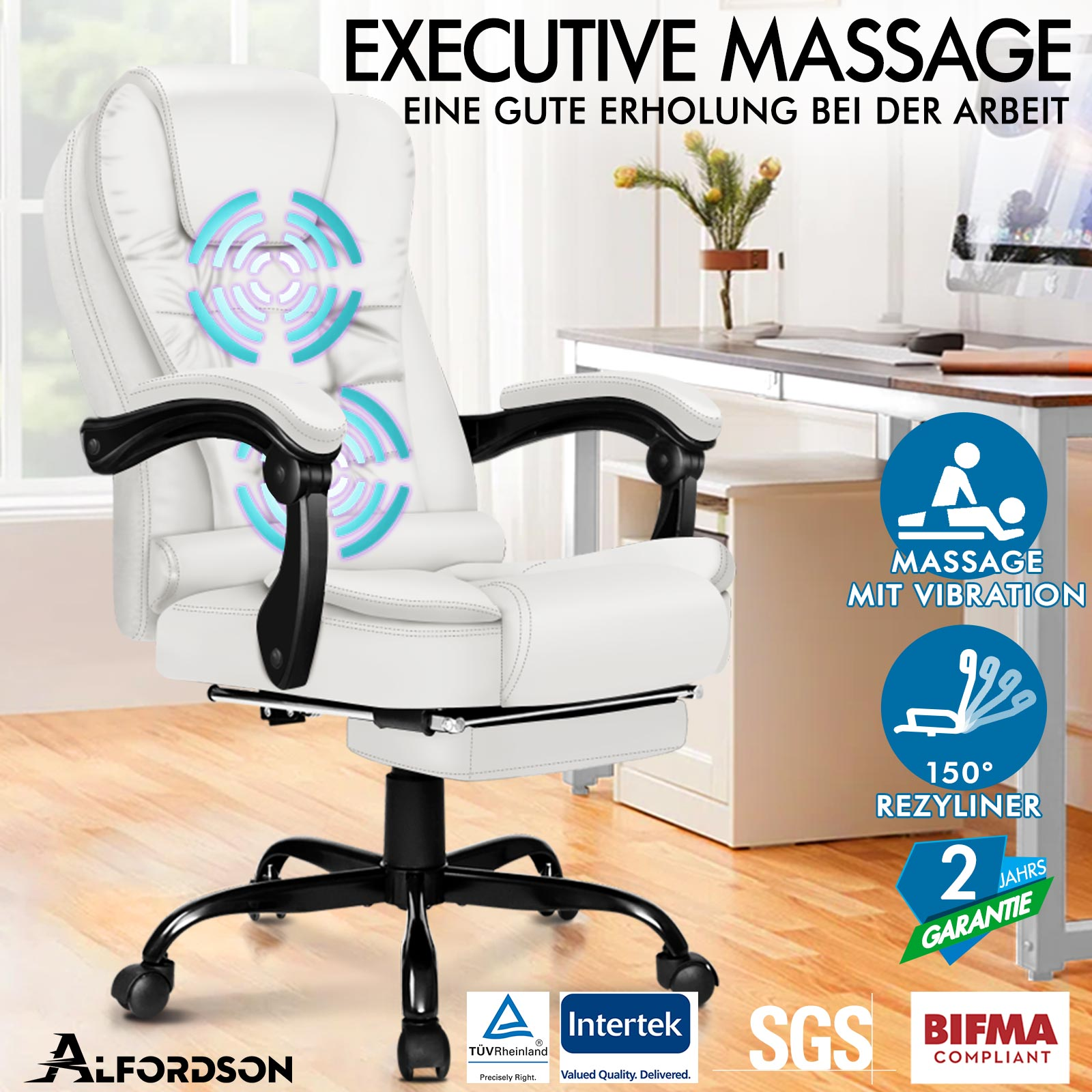 Weißer Massagestuhl mit schwarzen Armlehnen. Massage mit Vibration, 150° Neigung und 2 Jahre Garantie.