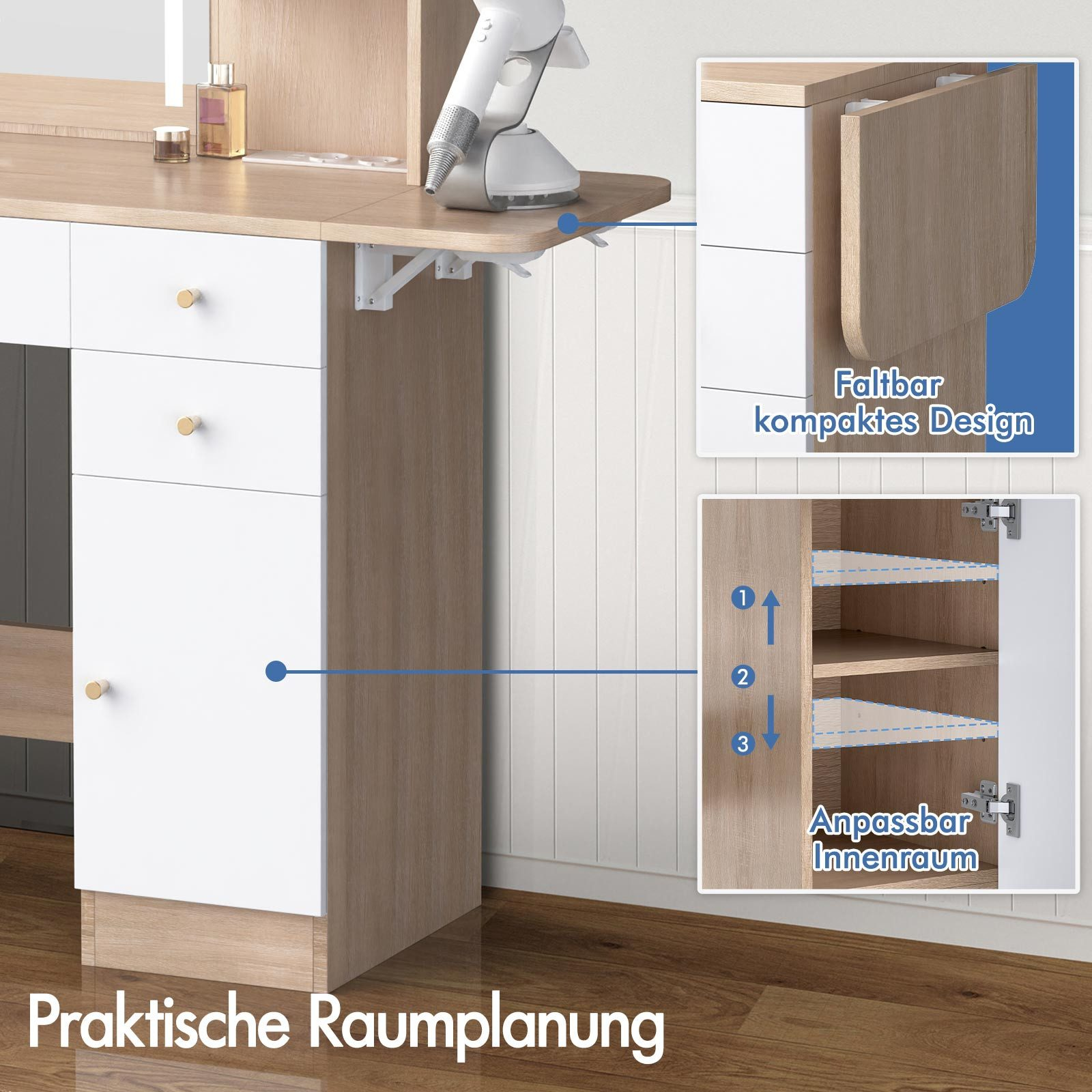 Ein weißer und hölzerner Waschtisch mit Schubladen und einem ausklappbaren Teil, der einen Haartrockner hält. Text: Praktische Raumplanung.