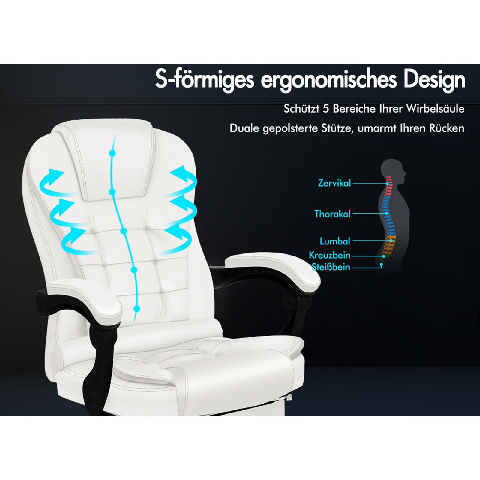 Weißer ergonomischer Bürostuhl mit schwarzen Armlehnen. Text zeigt Bereiche der Wirbelsäule. Pfeile heben die Kurven hervor.