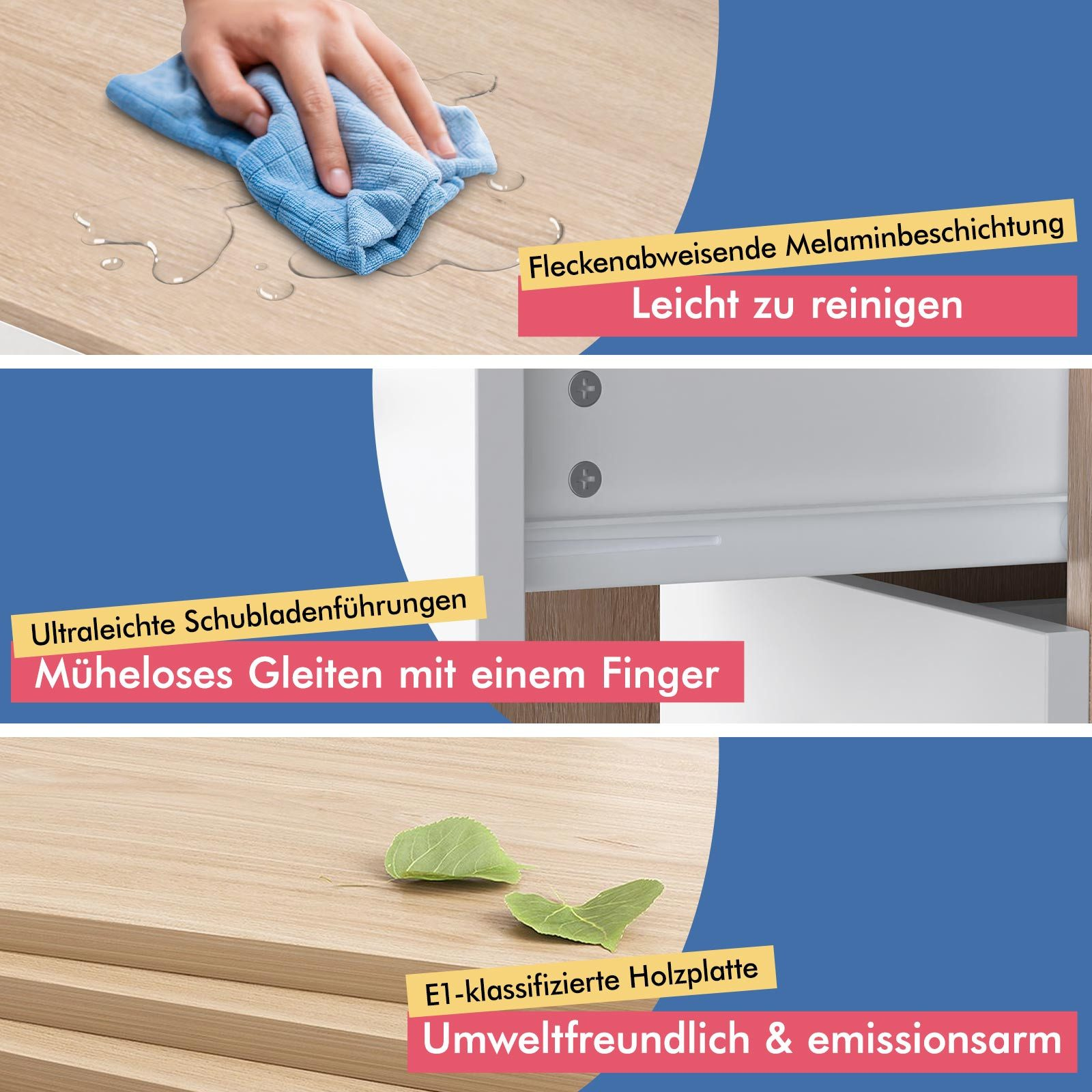 Eine Hand wischt eine Holzoberfläche mit einem blauen Tuch ab, Wassertropfen, Textetiketten und grüne Blätter sind sichtbar.