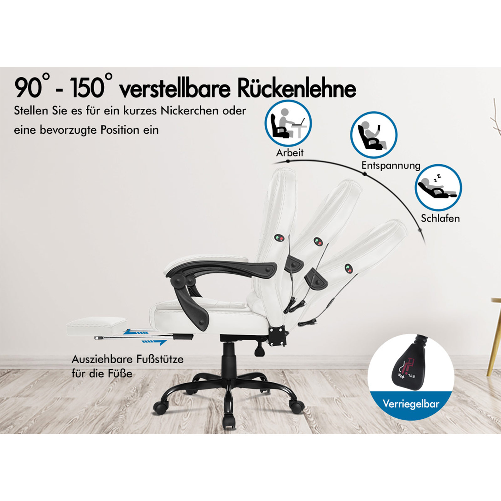Weißer verstellbarer Stuhl mit Fußstütze. Zeigt Winkel für Arbeit, Entspannung und Schlaf. Mit Verriegelung.