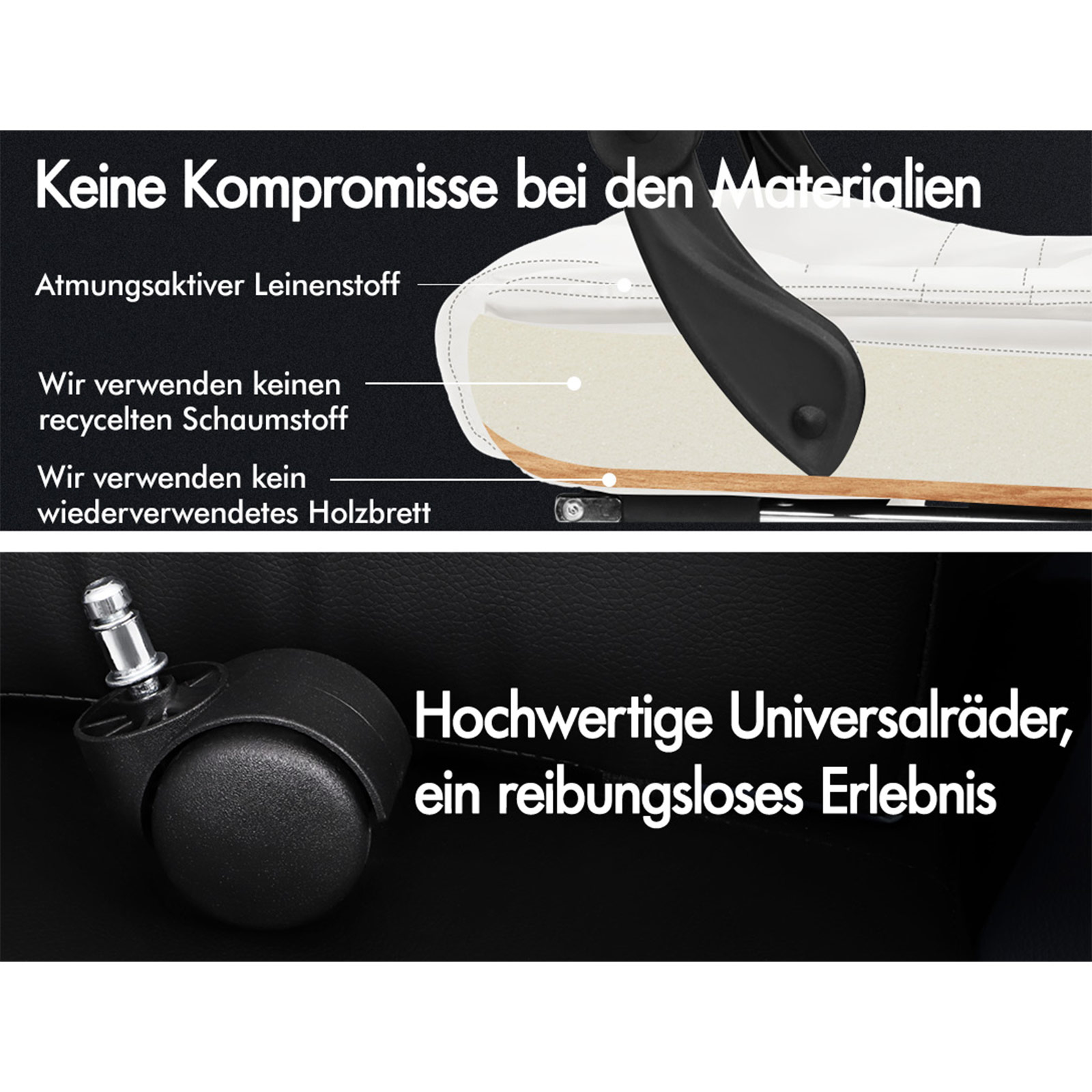 Das Bild zeigt Stuhlmaterialien: atmungsaktives Leinen, kein recycelter Schaumstoff, kein wiederverwendetes Holz. Hochwertige Rollen.